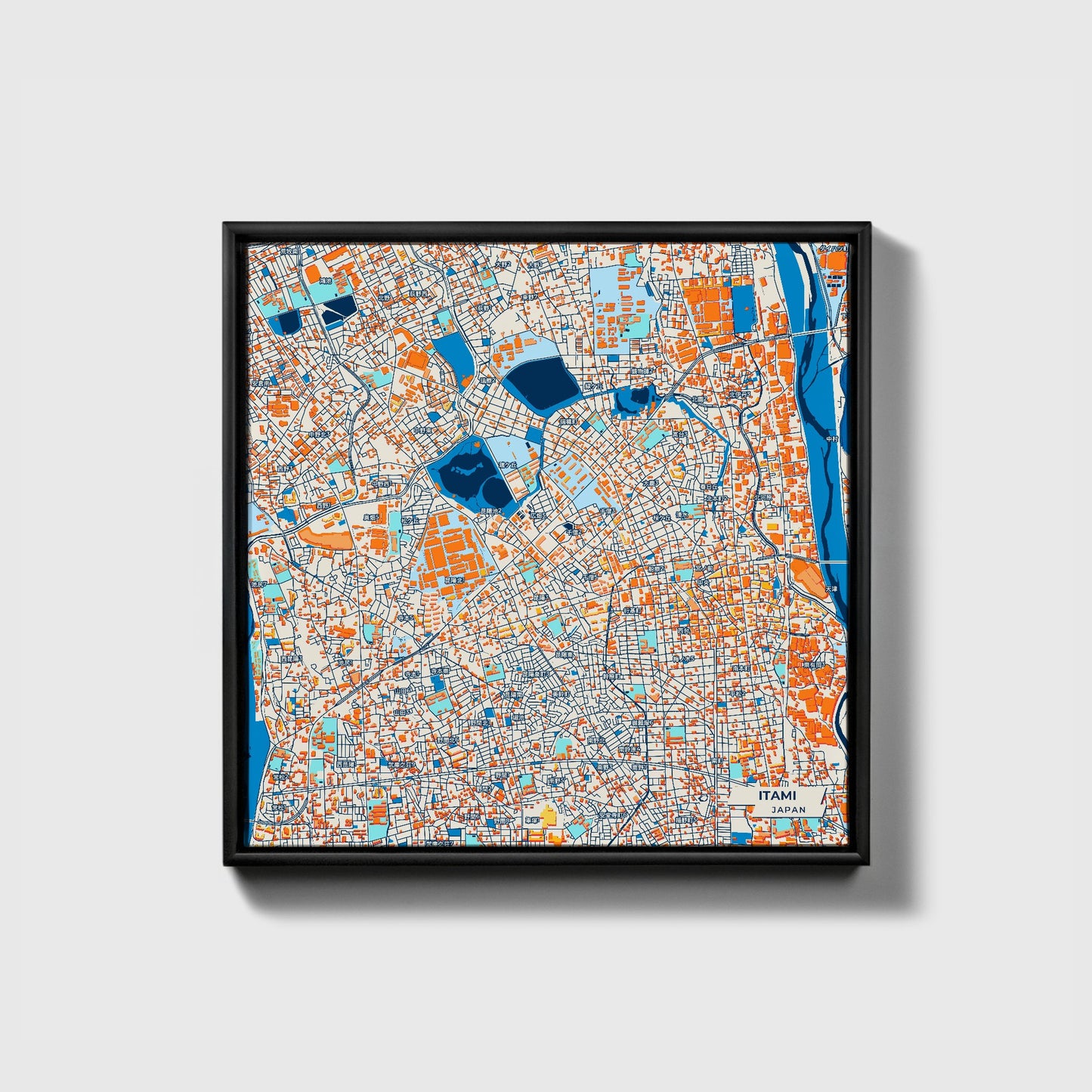 Itami Japan Colorful City Map Canvas Print • Black Framed