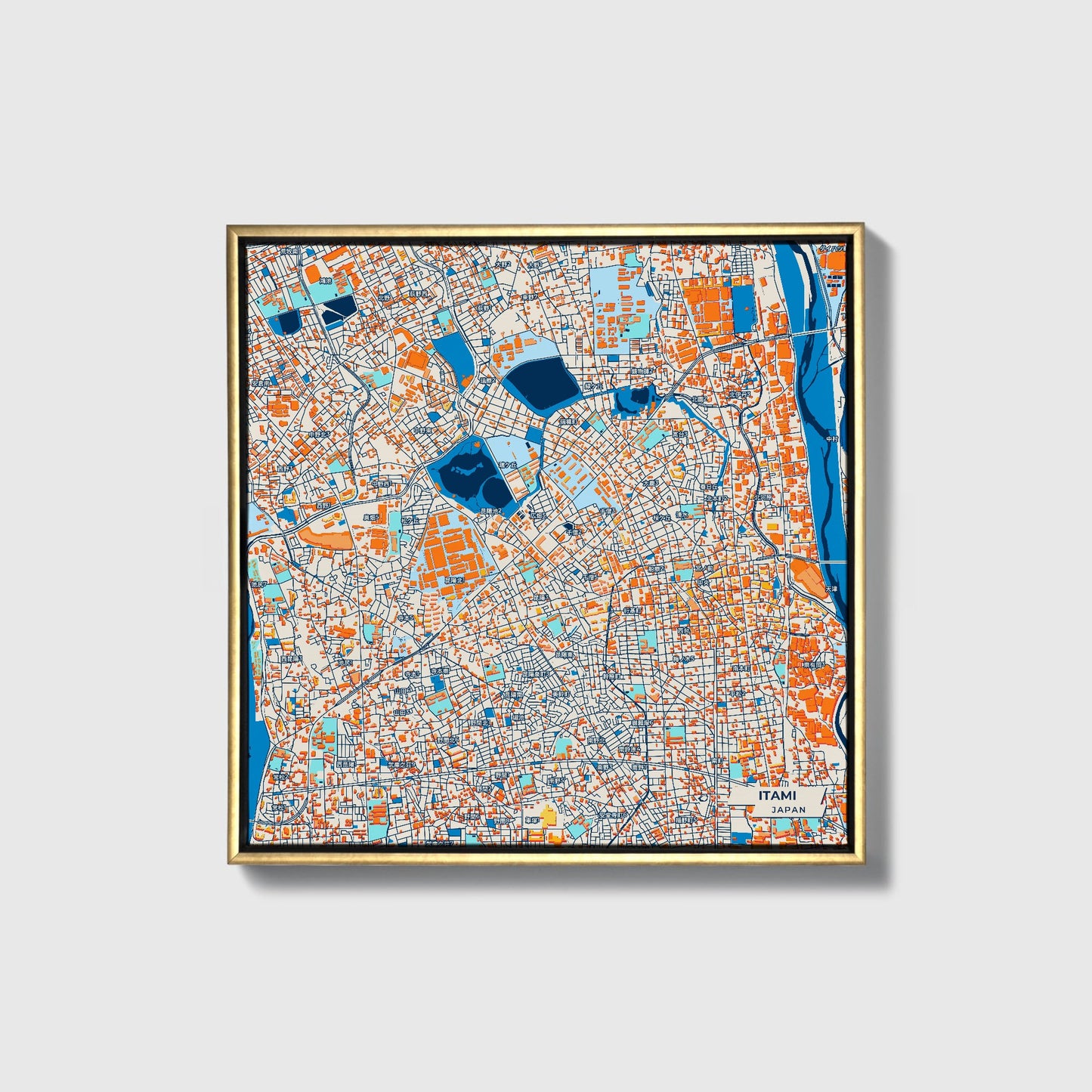 Itami Japan Colorful City Map Canvas Print • Gold Framed