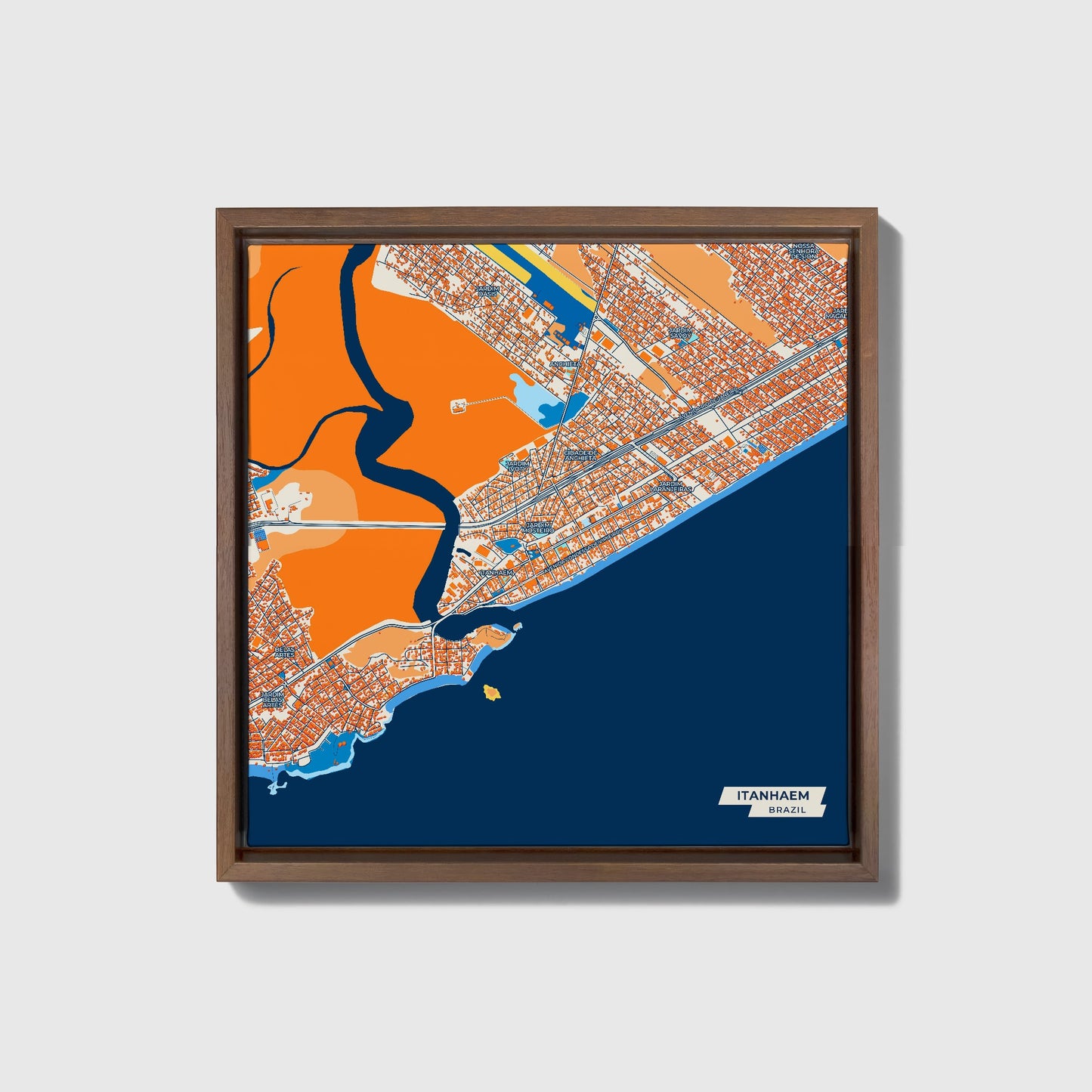 Itanhaem Brazil Colorful City Map Canvas Print • Dark Wooden Framed