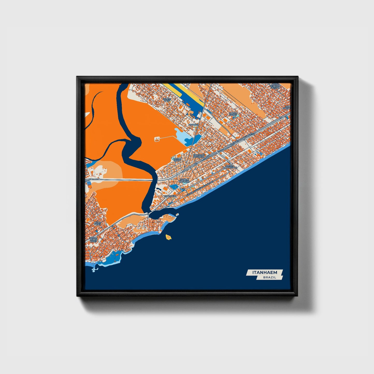 Itanhaem Brazil Colorful City Map Canvas Print • Black Framed