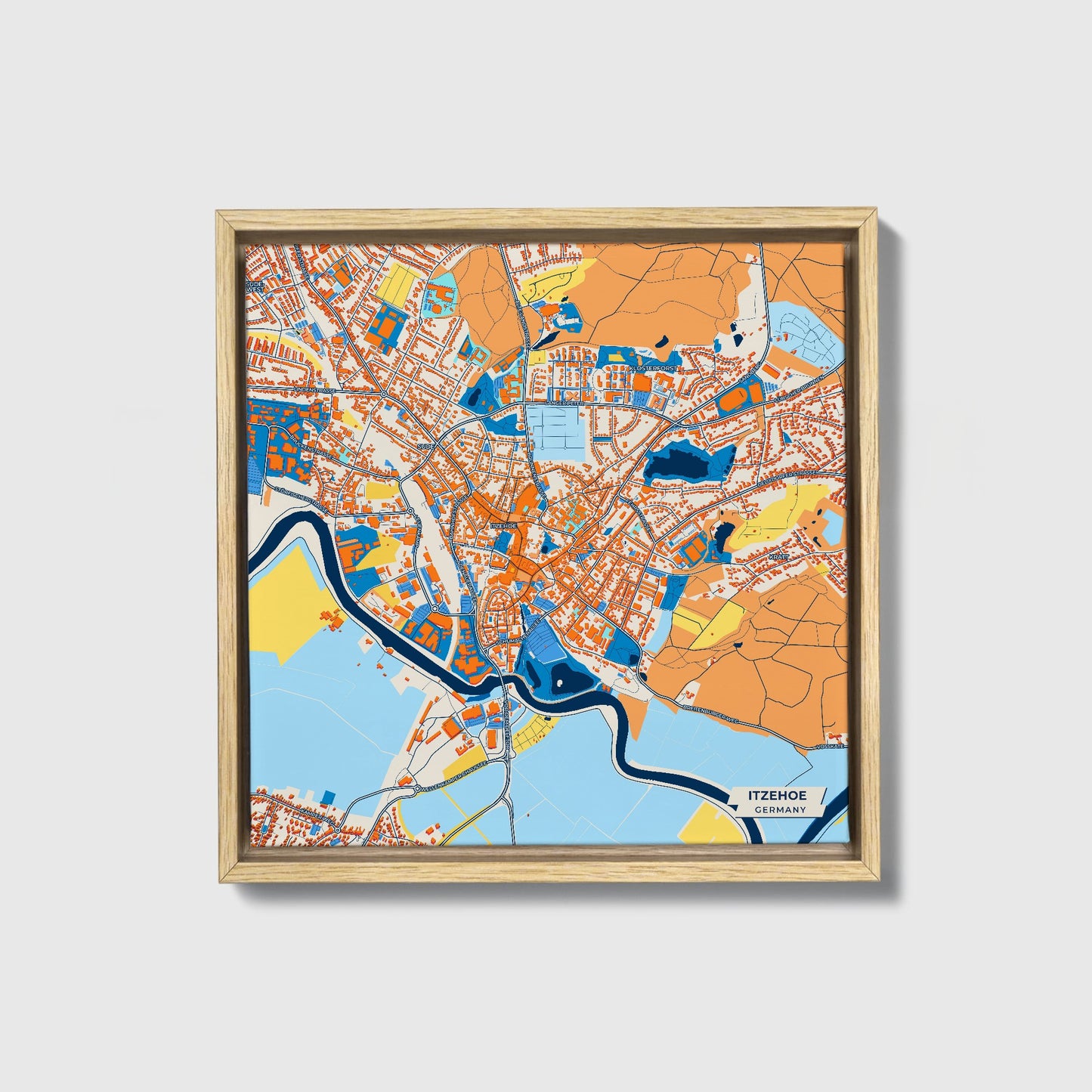Itzehoe Germany Colorful City Map Canvas Print • Natural Wooden Framed