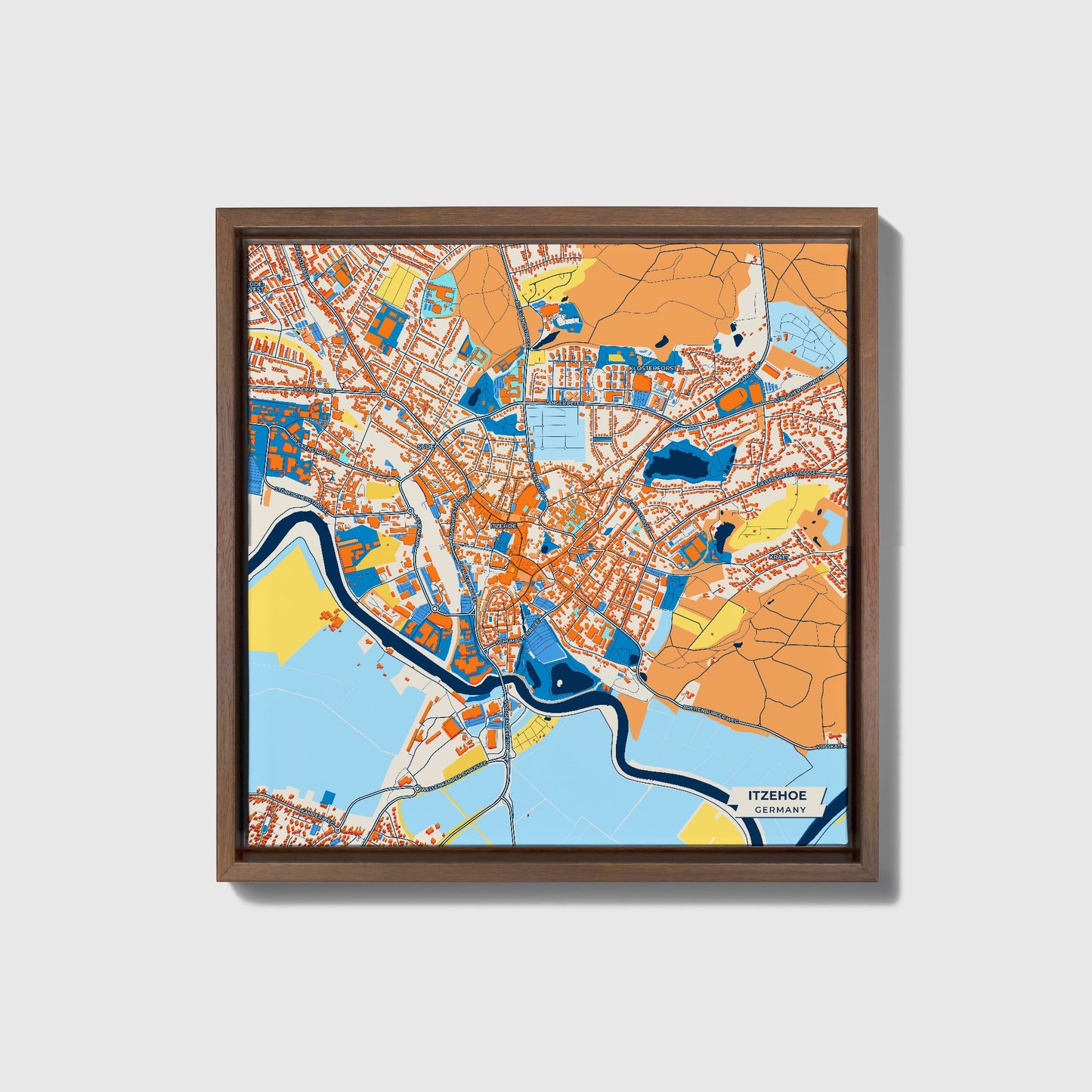 Itzehoe Germany Colorful City Map Canvas Print • Dark Wooden Framed