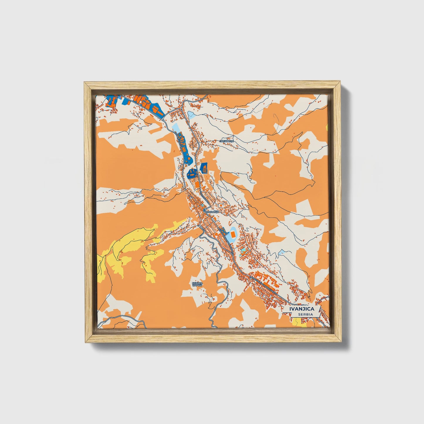 Ивањица Serbia Colorful City Map Canvas Print • Natural Wooden Framed