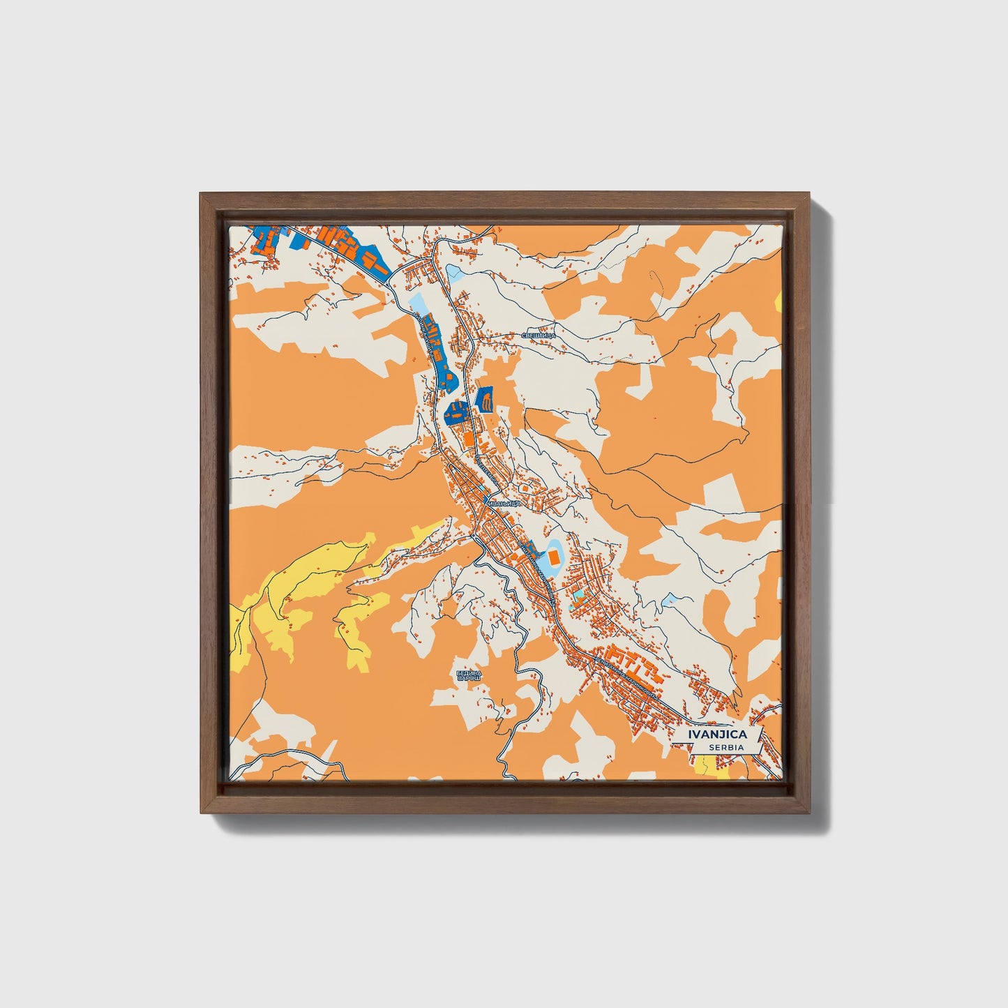 Ивањица Serbia Colorful City Map Canvas Print • Dark Wooden Framed
