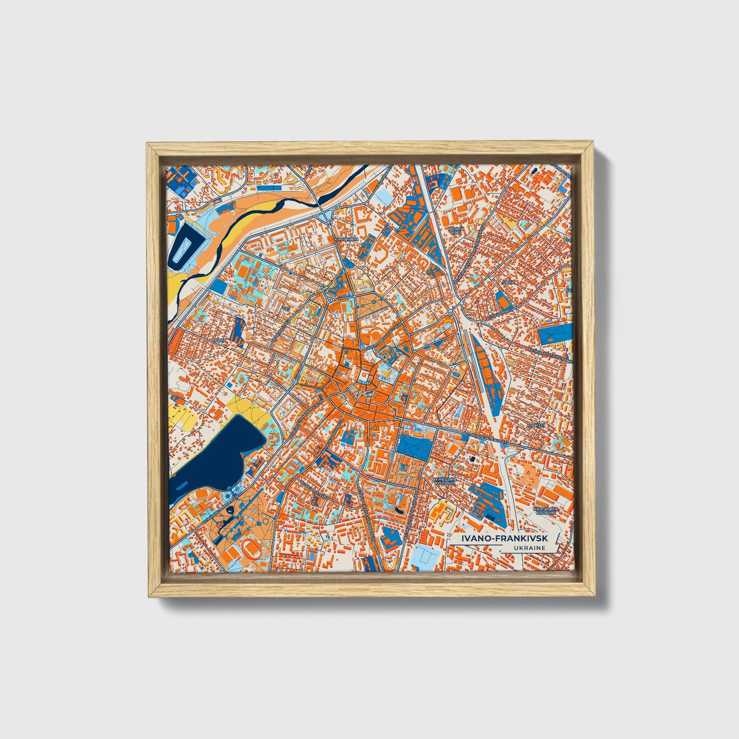 Івано-Франківськ Ukraine Colorful City Map Canvas Print • Natural Wooden Framed