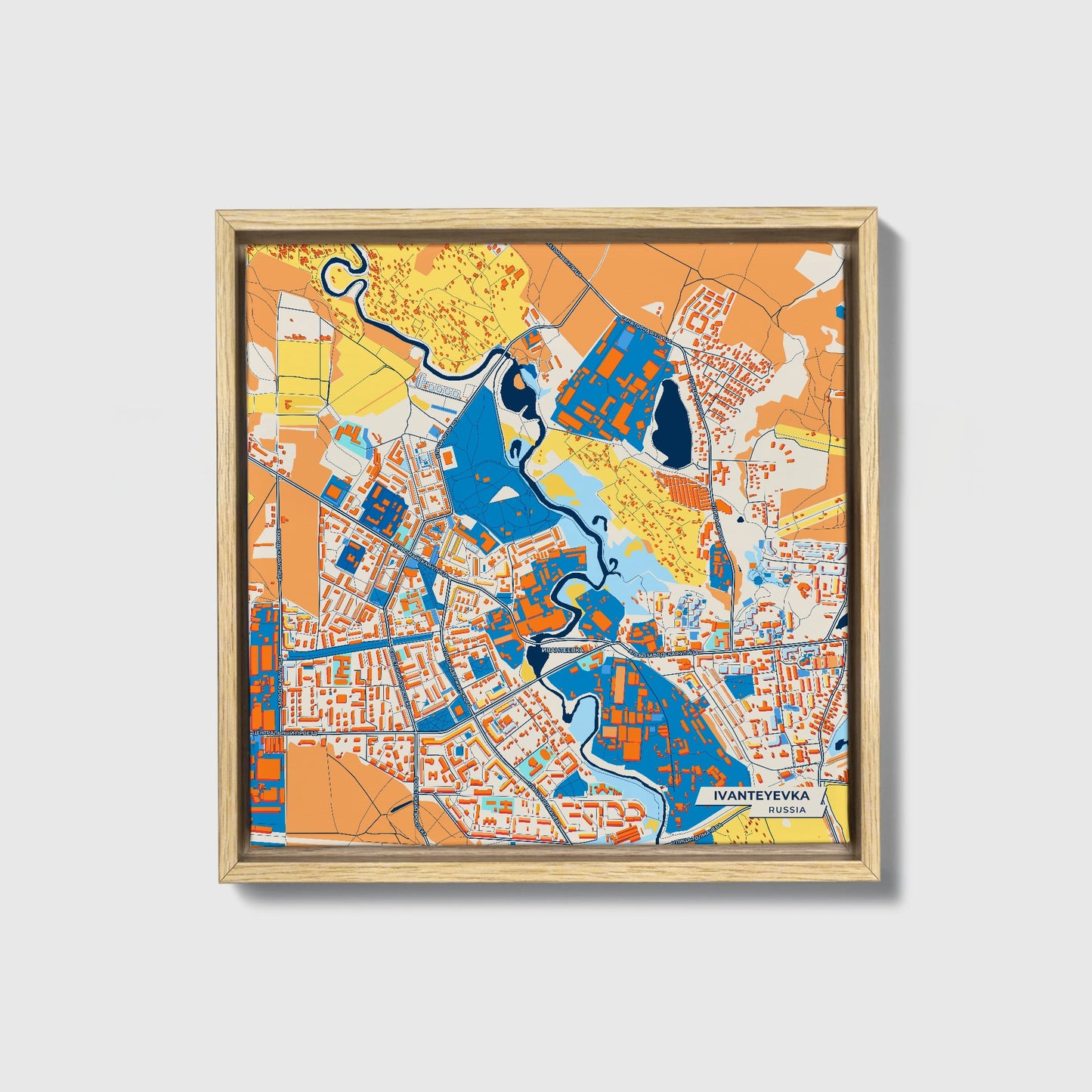 Ивантеевка Russia Colorful City Map Canvas Print • Natural Wooden Framed
