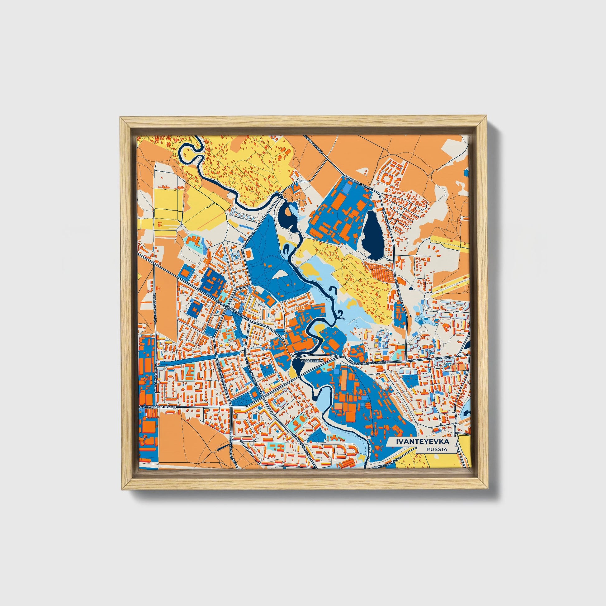 Ивантеевка Russia Colorful City Map Canvas Print • Natural Wooden Framed