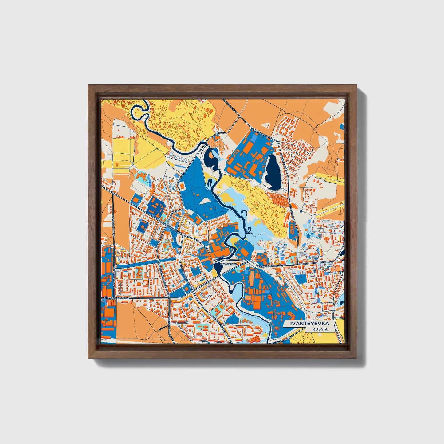 Ивантеевка Russia Colorful City Map Canvas Print • Dark Wooden Framed