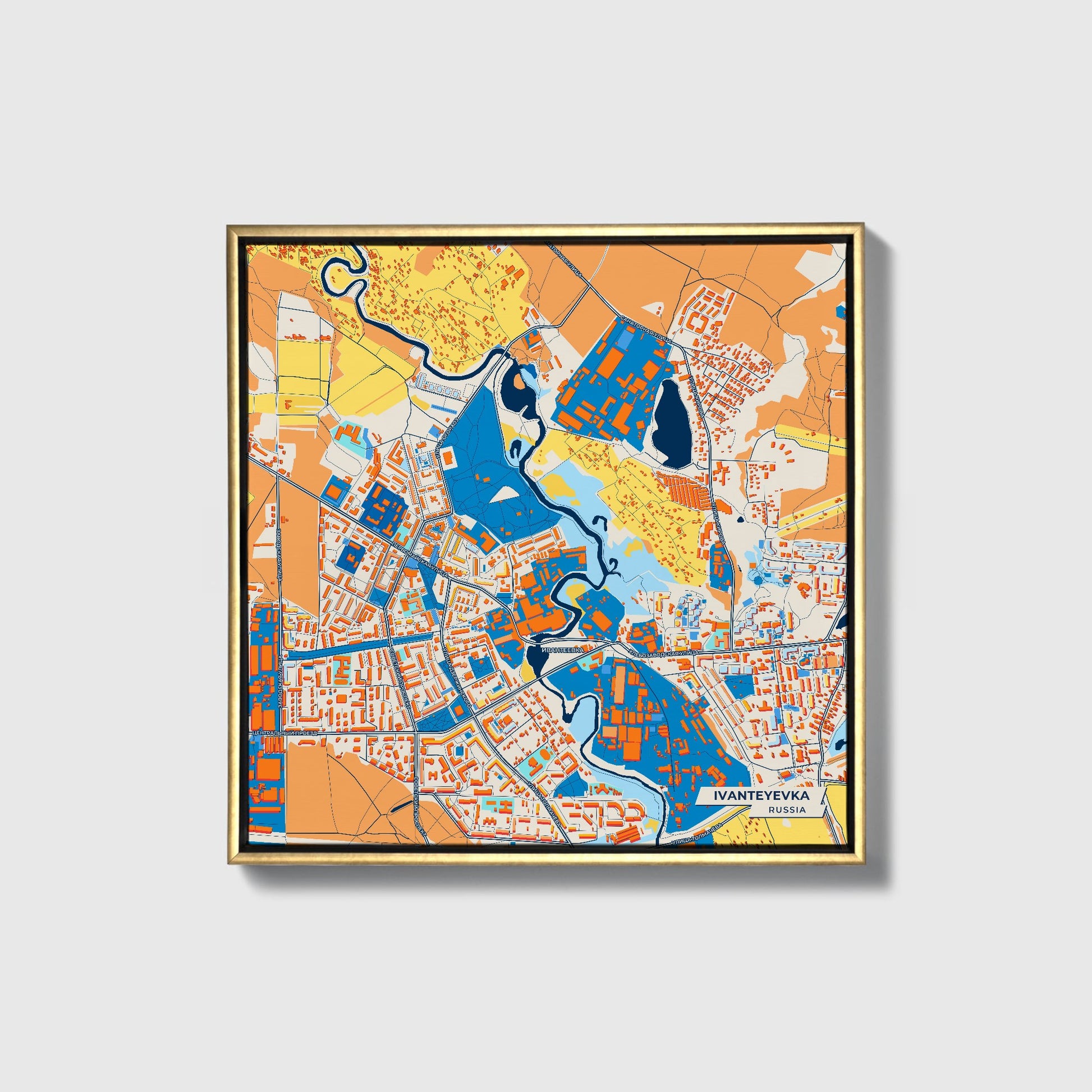 Ивантеевка Russia Colorful City Map Canvas Print • Gold Framed