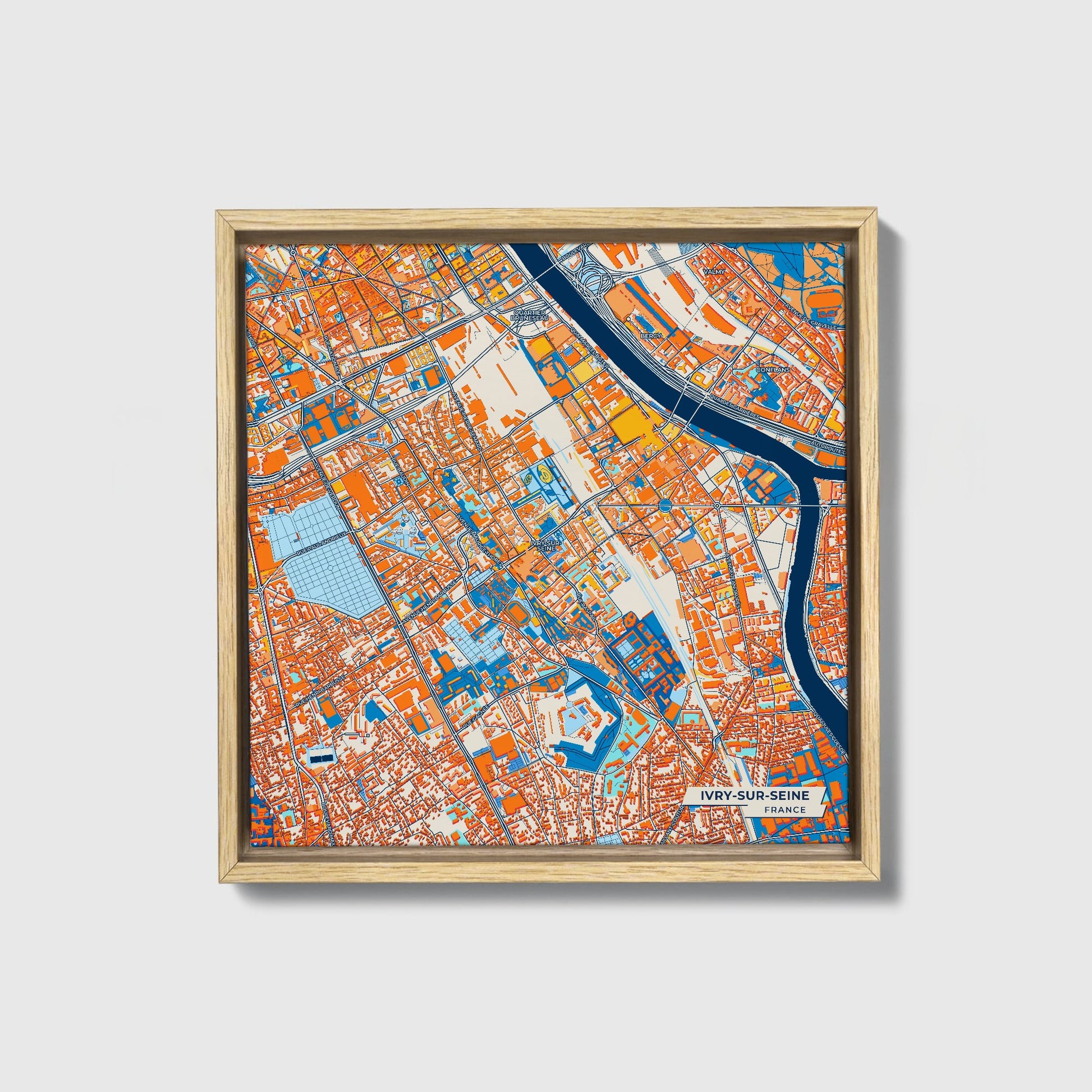 Ivry-Sur-Seine France Colorful City Map Canvas Print • Natural Wooden Framed