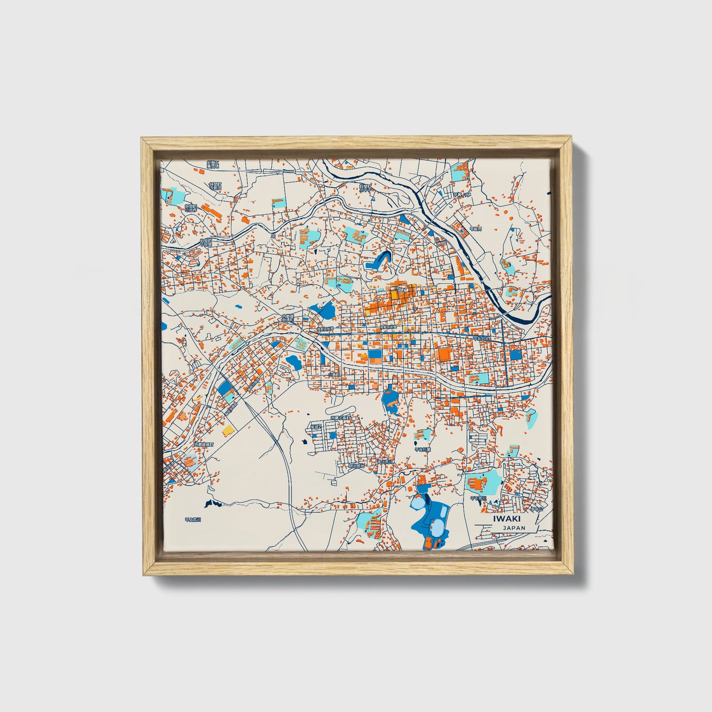 Iwaki Japan Colorful City Map Canvas Print • Natural Wooden Framed