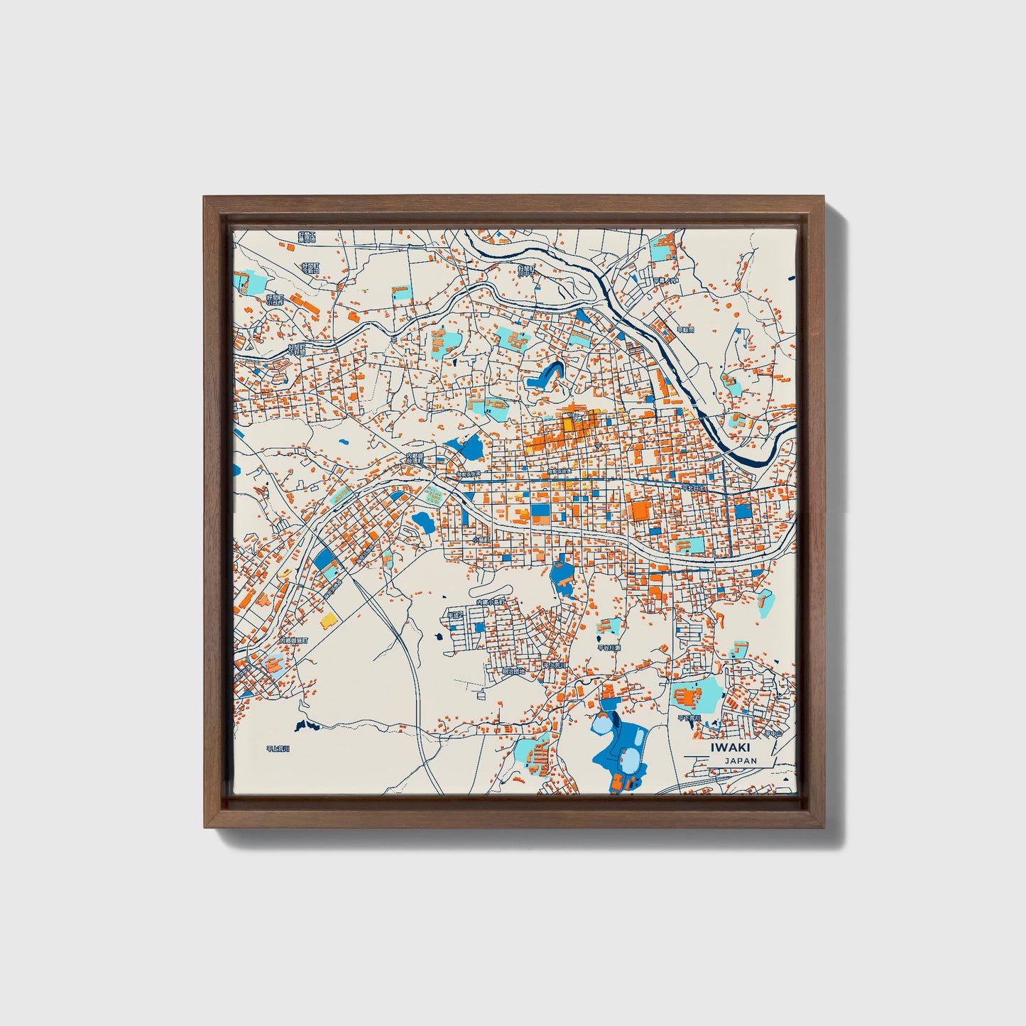 Iwaki Japan Colorful City Map Canvas Print • Dark Wooden Framed