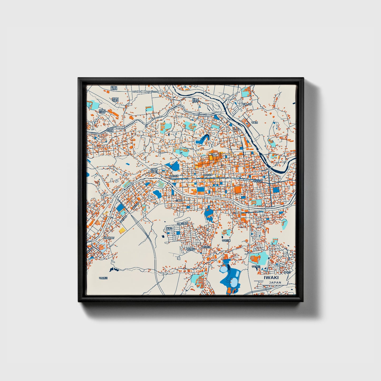 Iwaki Japan Colorful City Map Canvas Print • Black Framed