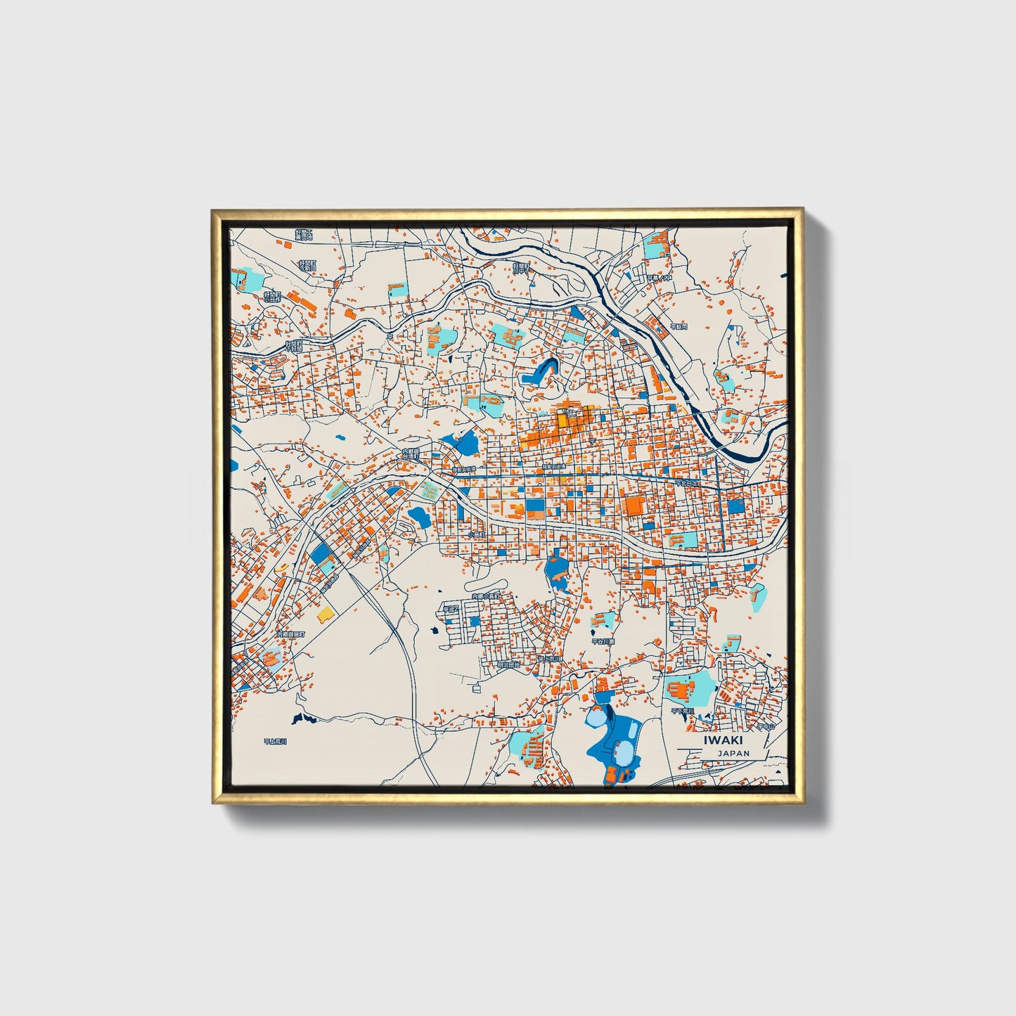 Iwaki Japan Colorful City Map Canvas Print • Gold Framed
