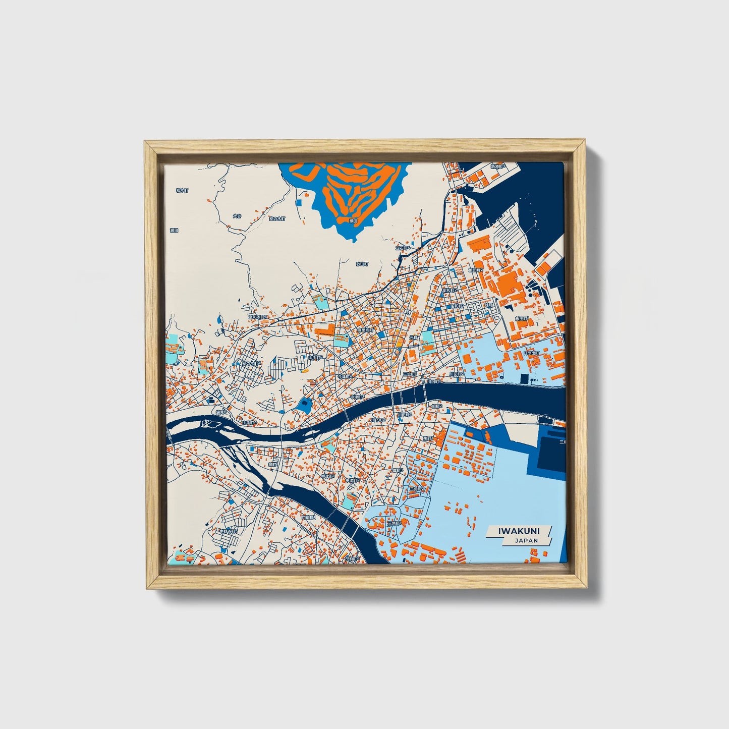 Iwakuni Japan Colorful City Map Canvas Print • Natural Wooden Framed