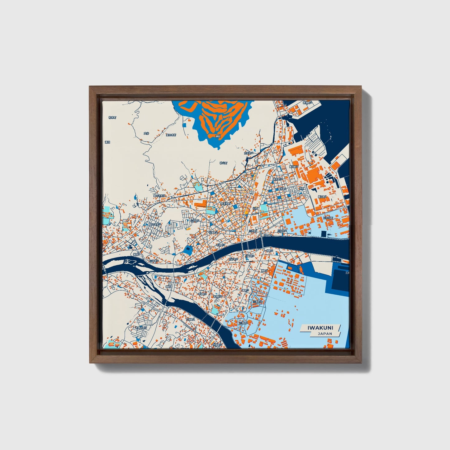 Iwakuni Japan Colorful City Map Canvas Print • Dark Wooden Framed