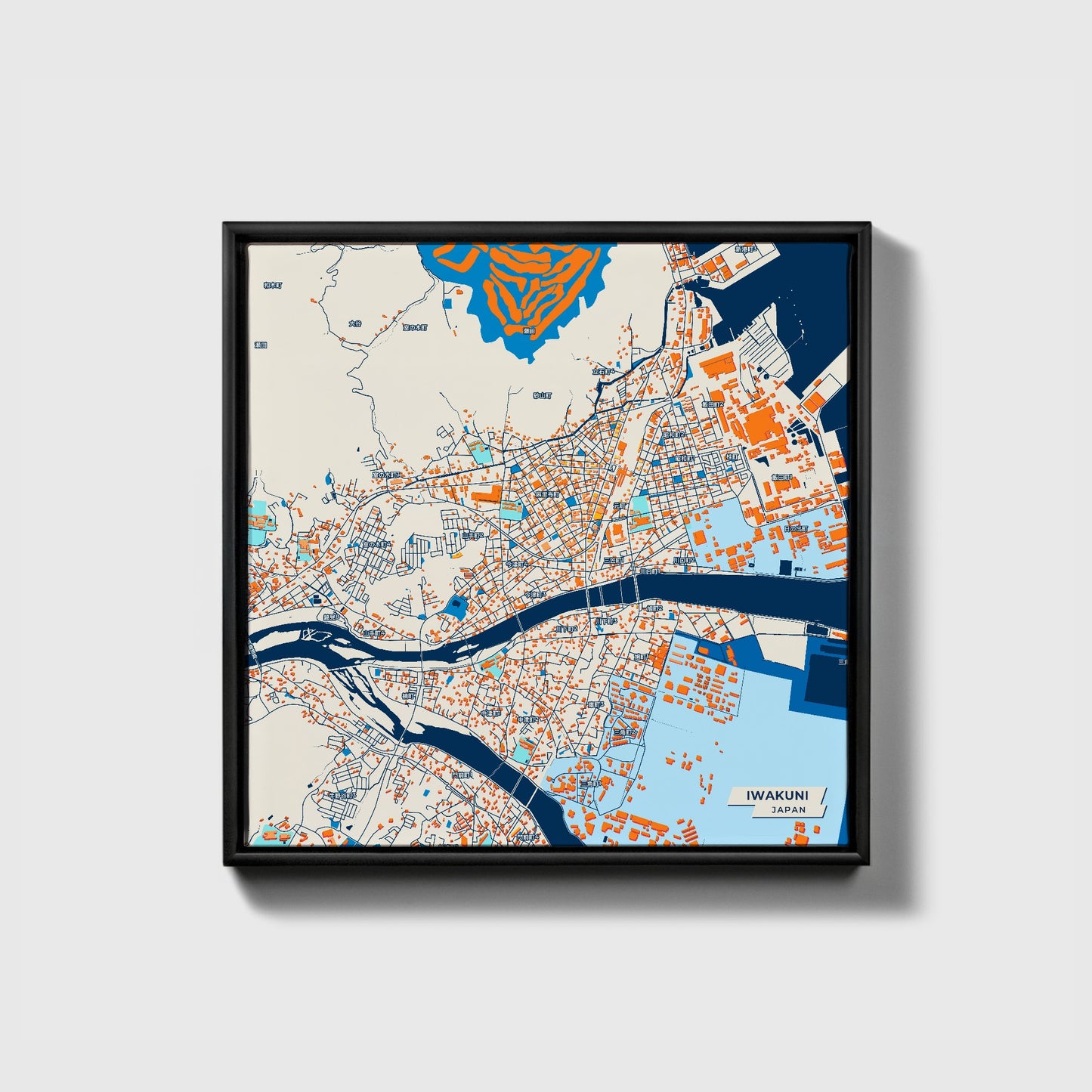 Iwakuni Japan Colorful City Map Canvas Print • Black Framed