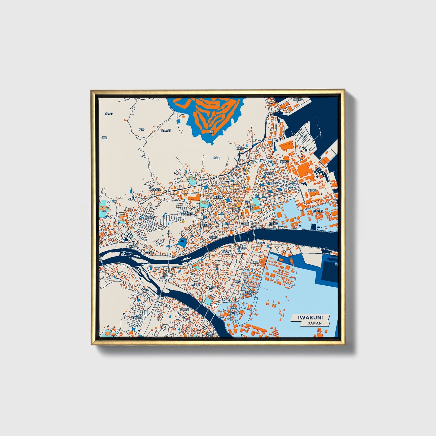 Iwakuni Japan Colorful City Map Canvas Print • Gold Framed