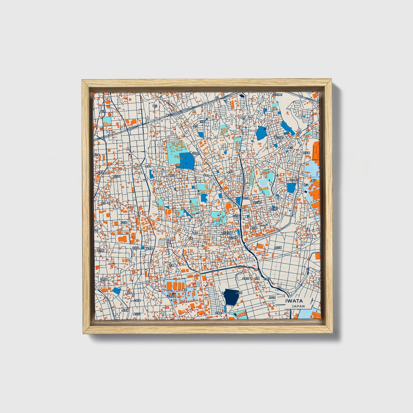 Iwata Japan Colorful City Map Canvas Print • Natural Wooden Framed