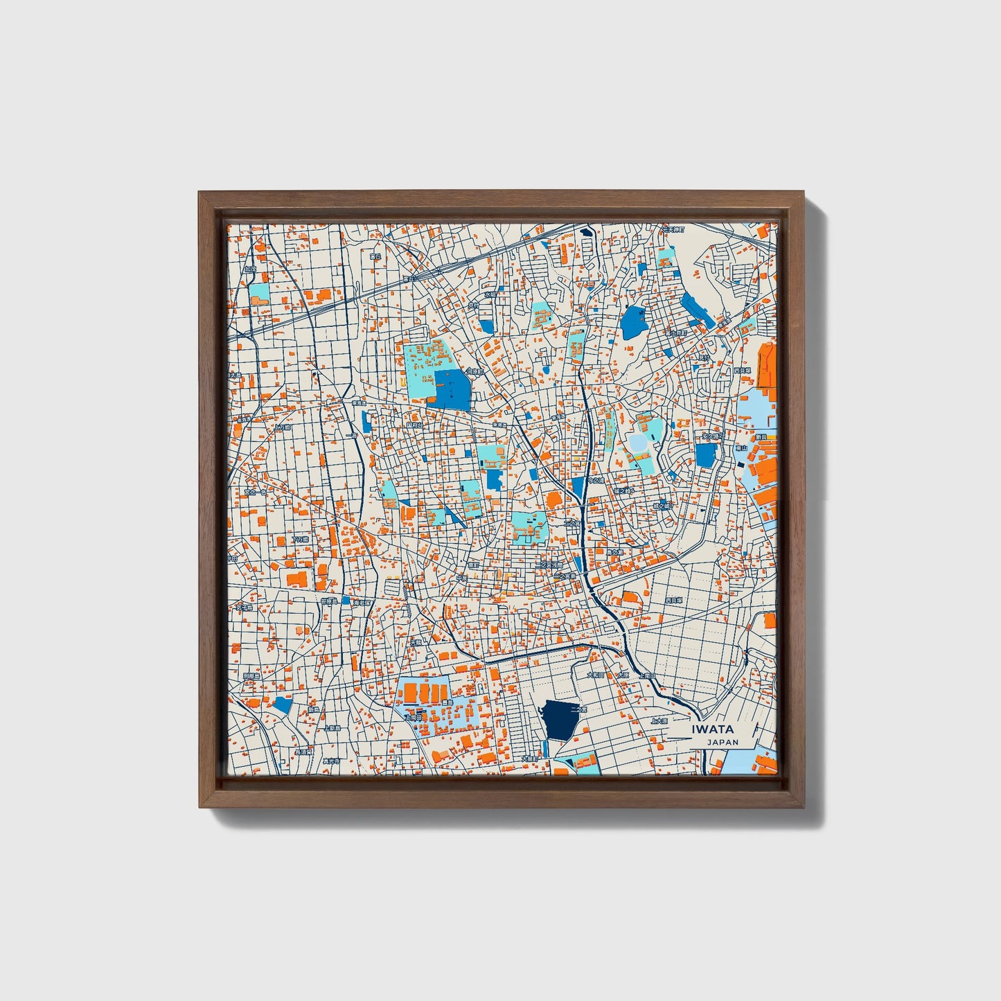 Iwata Japan Colorful City Map Canvas Print • Dark Wooden Framed