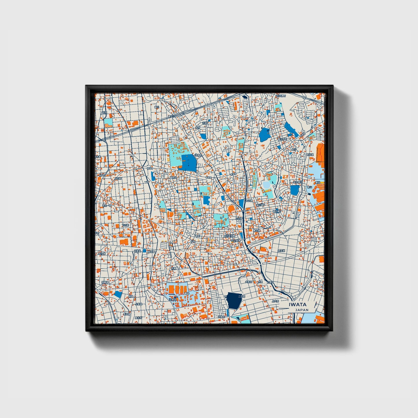 Iwata Japan Colorful City Map Canvas Print • Black Framed