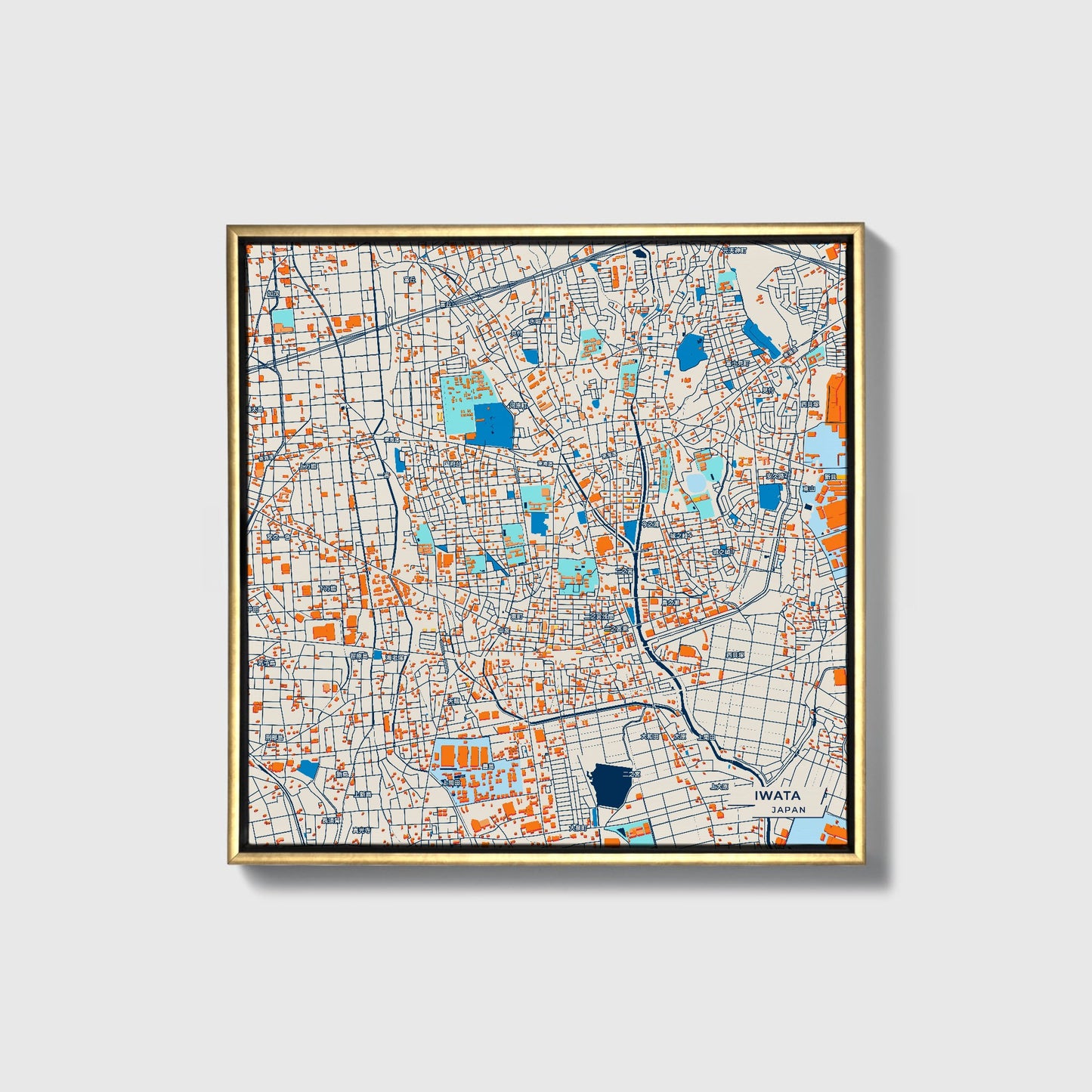 Iwata Japan Colorful City Map Canvas Print • Gold Framed
