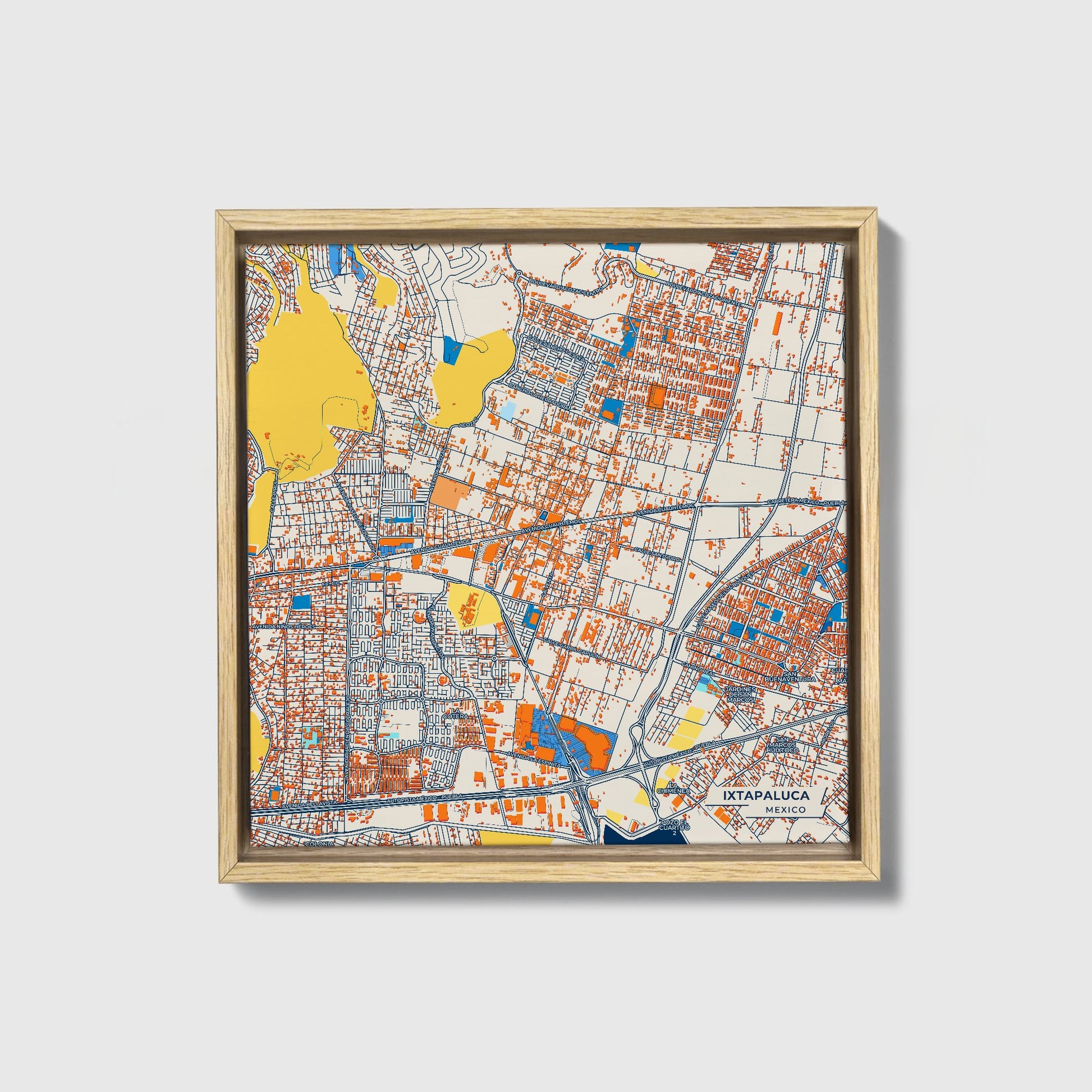 Ixtapaluca Mexico Colorful City Map Canvas Print • Natural Wooden Framed