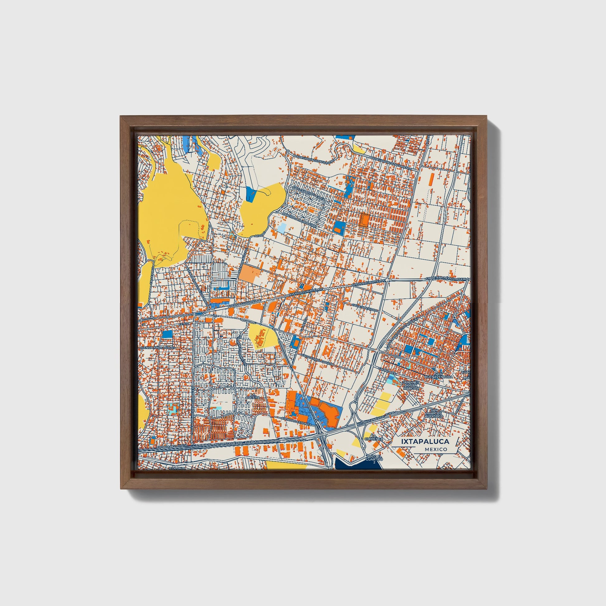 Ixtapaluca Mexico Colorful City Map Canvas Print • Dark Wooden Framed