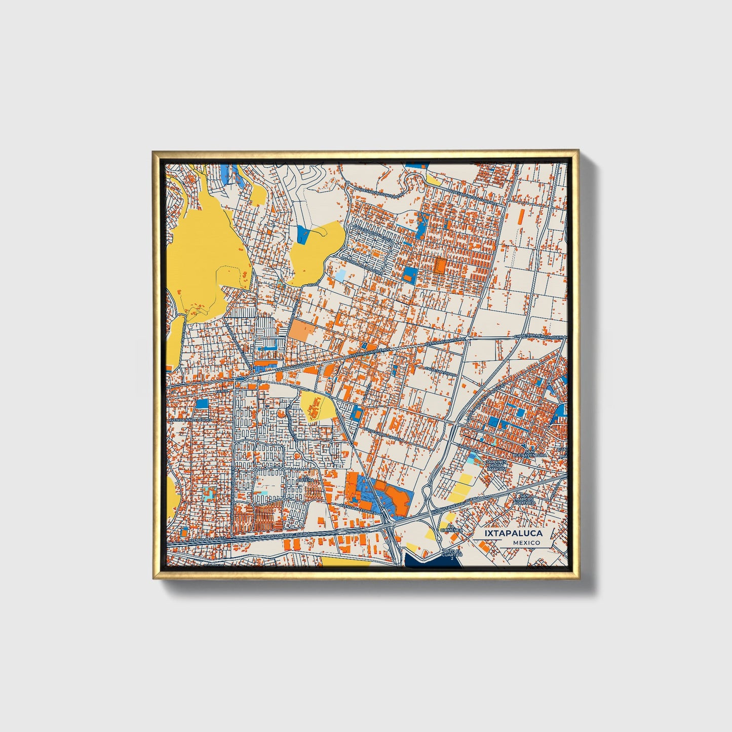 Ixtapaluca Mexico Colorful City Map Canvas Print • Gold Framed