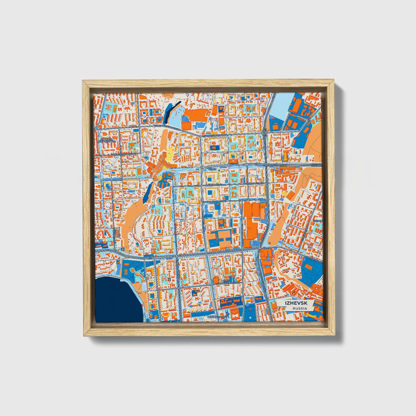 Ижевск Russia Colorful City Map Canvas Print • Natural Wooden Framed