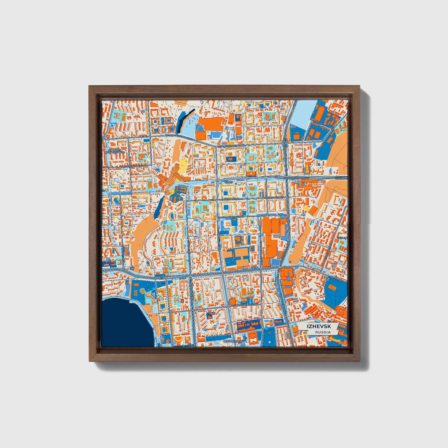 Ижевск Russia Colorful City Map Canvas Print • Dark Wooden Framed