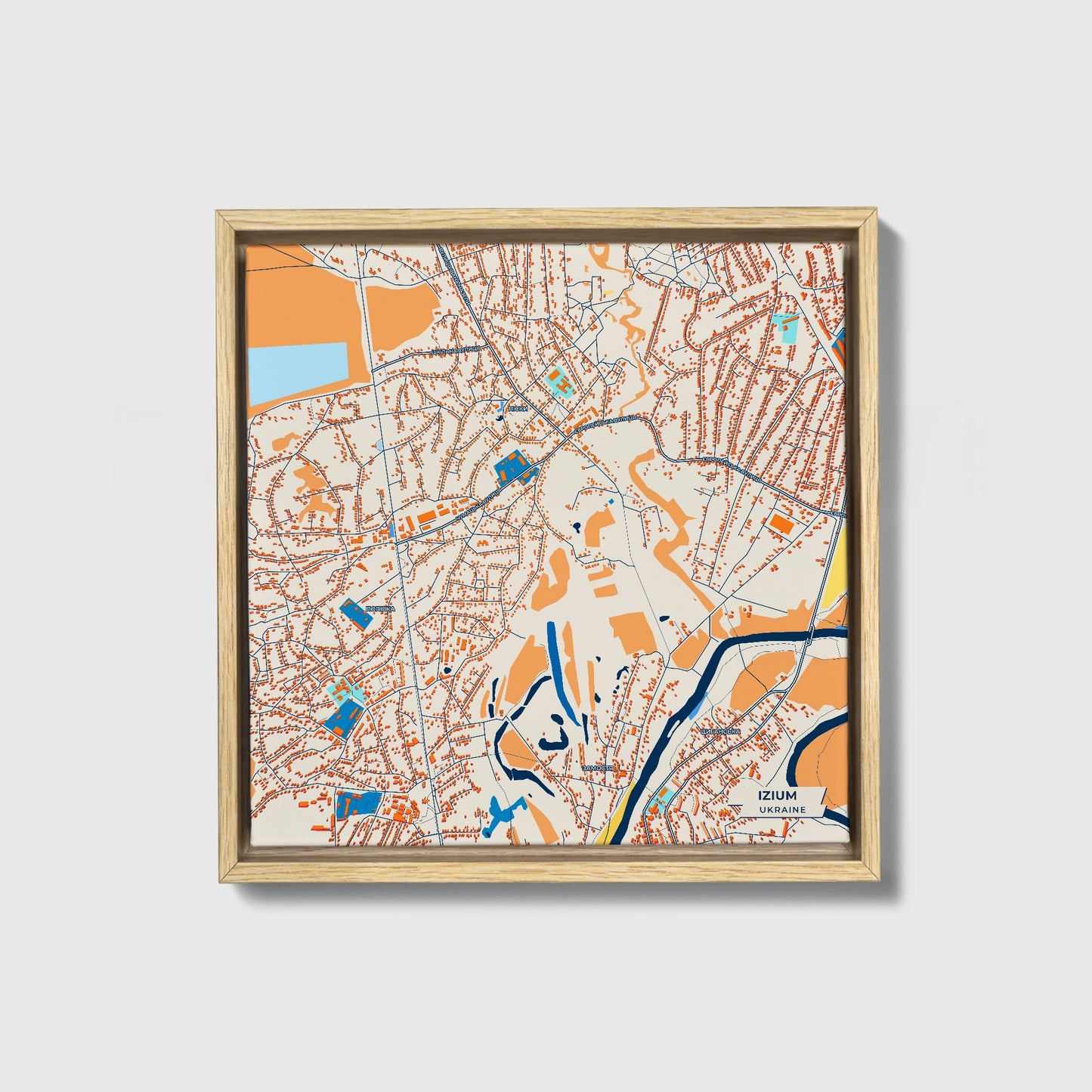 Ізіум Ukraine Colorful City Map Canvas Print • Natural Wooden Framed