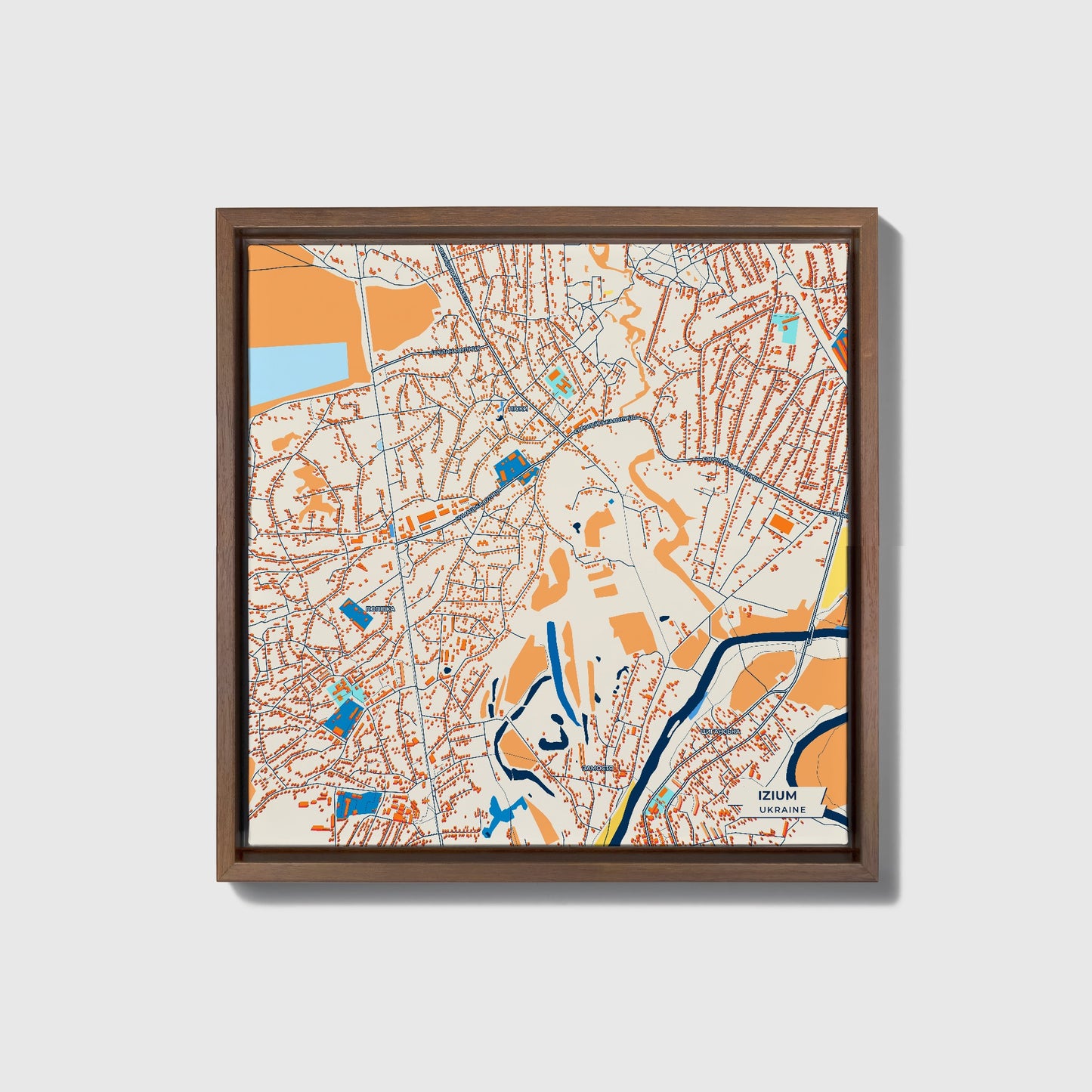 Ізіум Ukraine Colorful City Map Canvas Print • Dark Wooden Framed