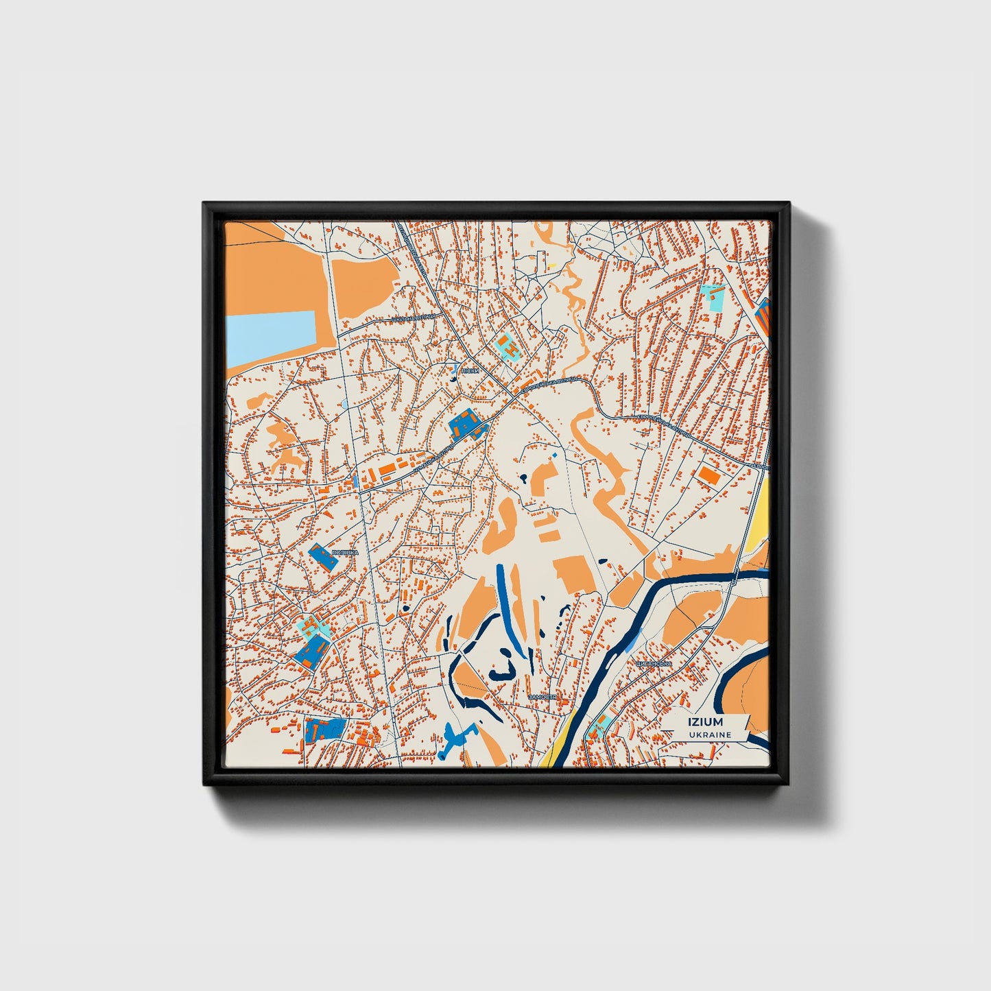 Ізіум Ukraine Colorful City Map Canvas Print • Black Framed
