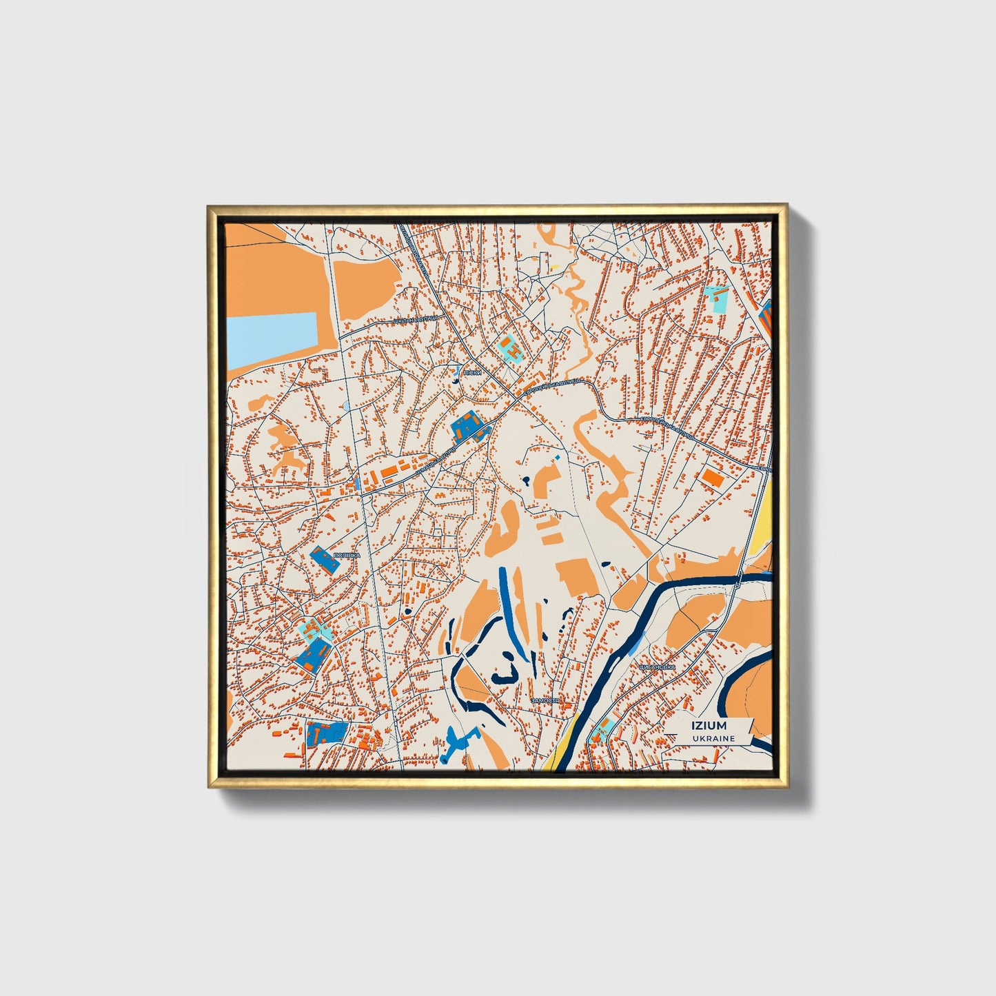 Ізіум Ukraine Colorful City Map Canvas Print • Gold Framed