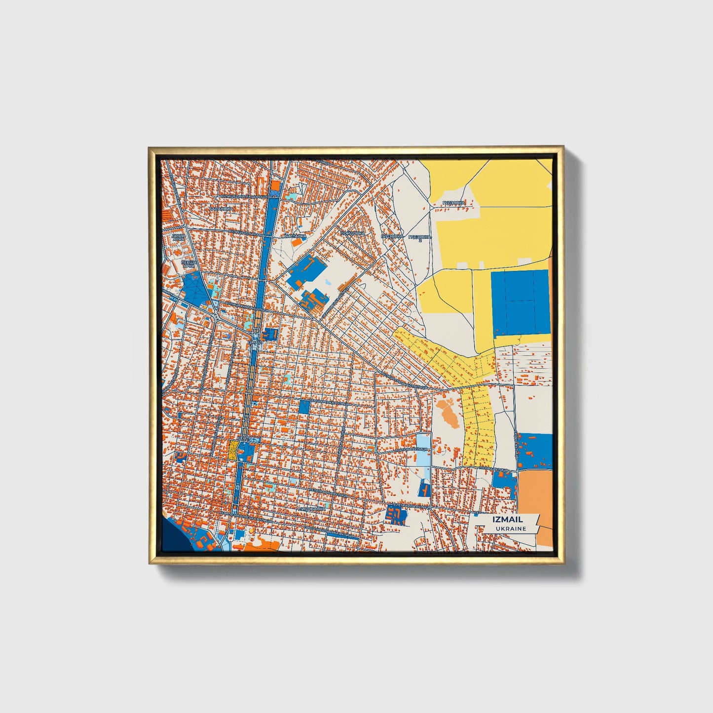 Izmail Ukraine Colorful City Map Canvas Print • Gold Framed