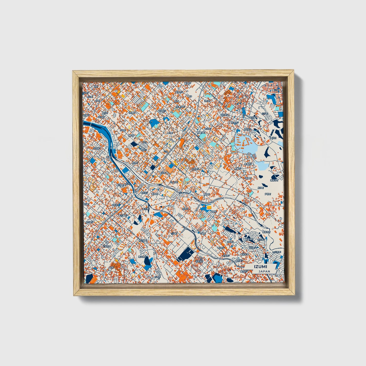 Izumi Japan Colorful City Map Canvas Print • Natural Wooden Framed