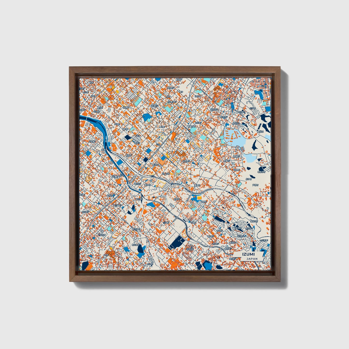 Izumi Japan Colorful City Map Canvas Print • Dark Wooden Framed