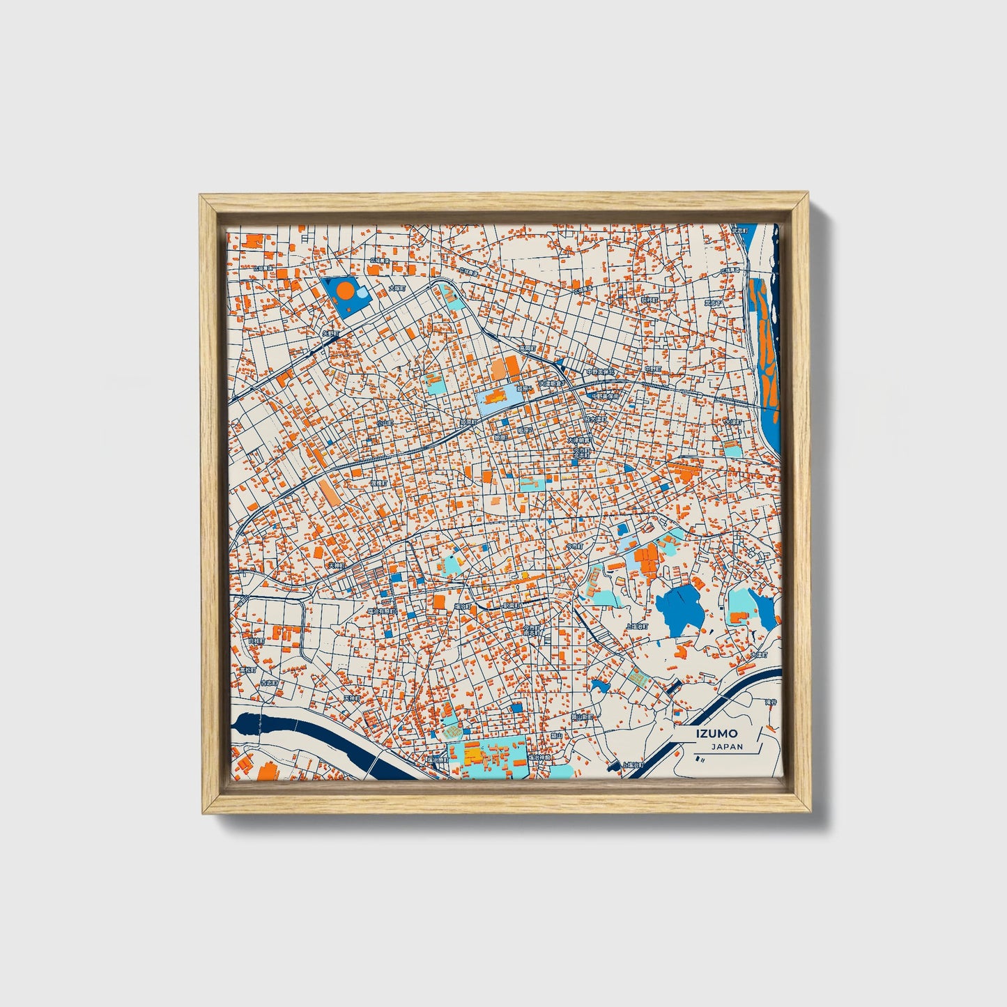 Izumo Japan Colorful City Map Canvas Print • Natural Wooden Framed