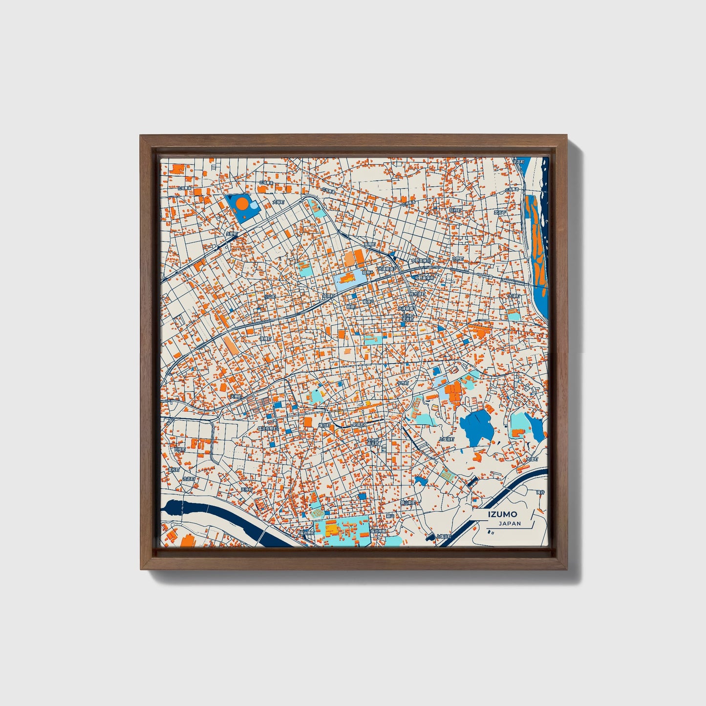 Izumo Japan Colorful City Map Canvas Print • Dark Wooden Framed