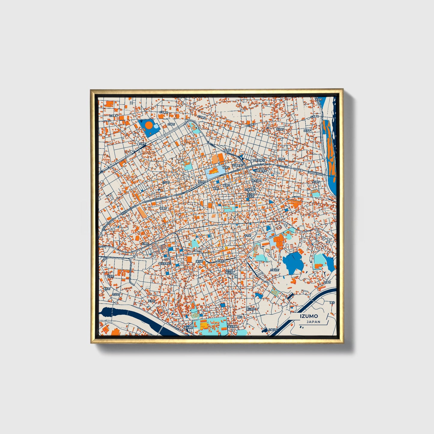 Izumo Japan Colorful City Map Canvas Print • Gold Framed