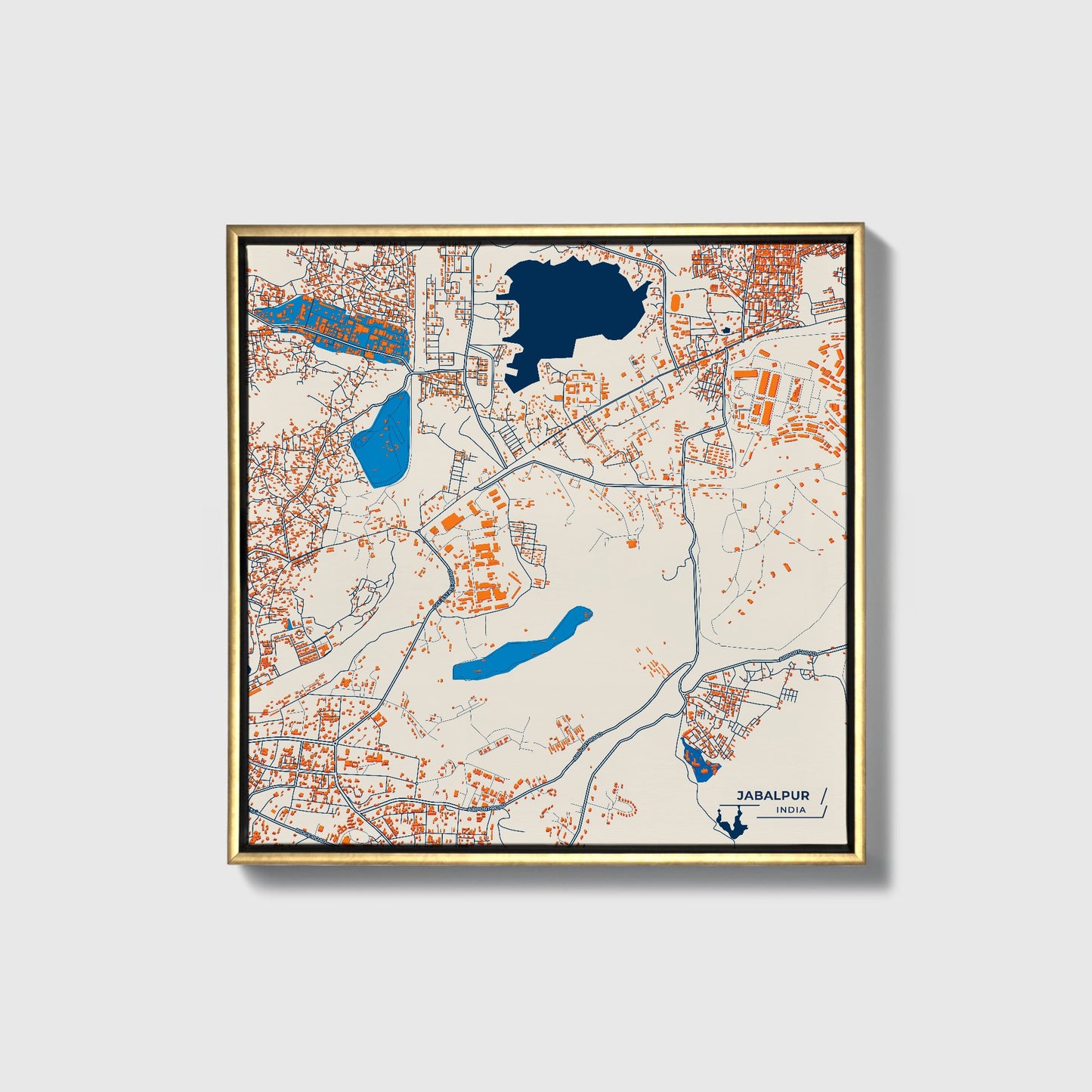 Jabalpur India Colorful City Map Canvas Print • Gold Framed