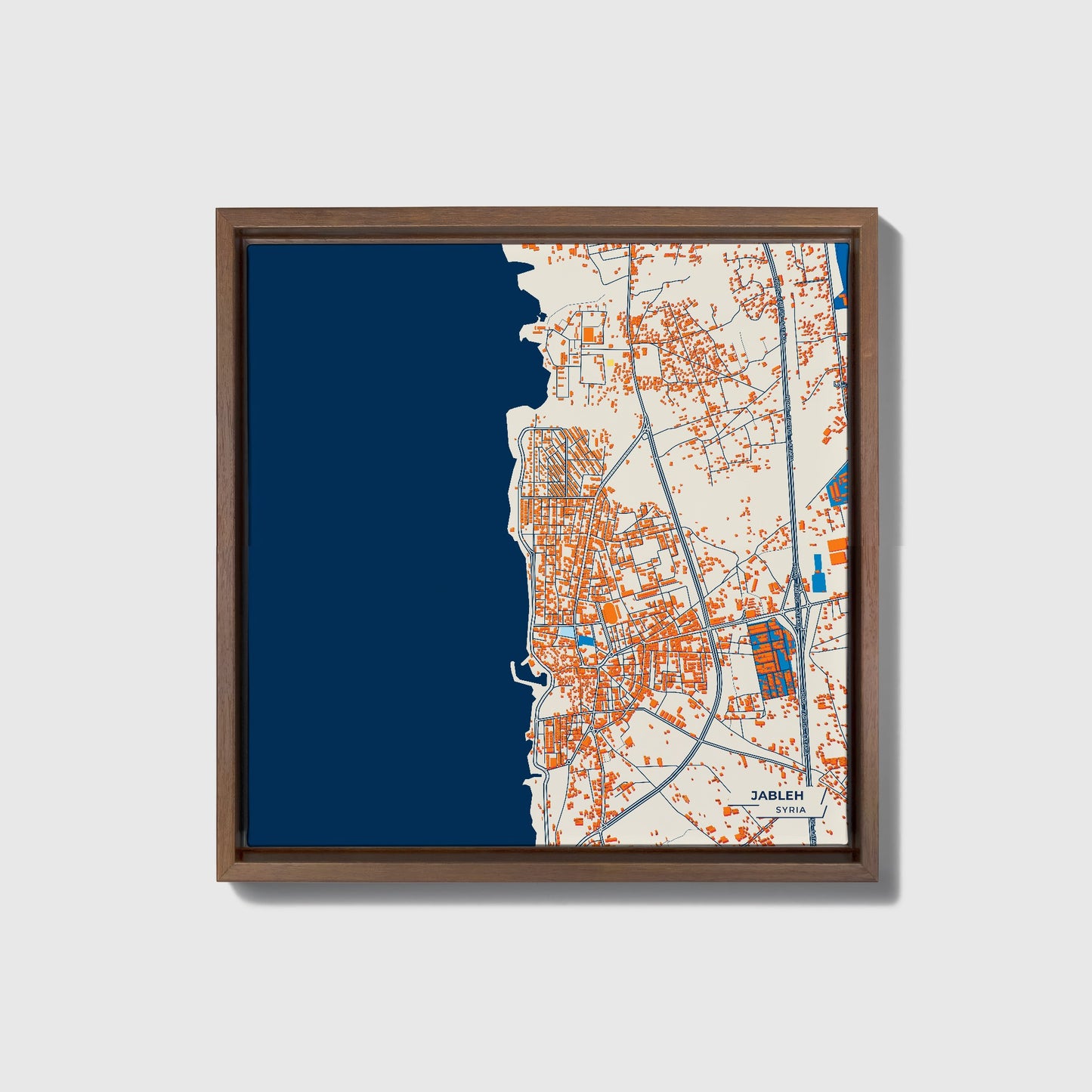 Jableh Syria Colorful City Map Canvas Print • Dark Wooden Framed