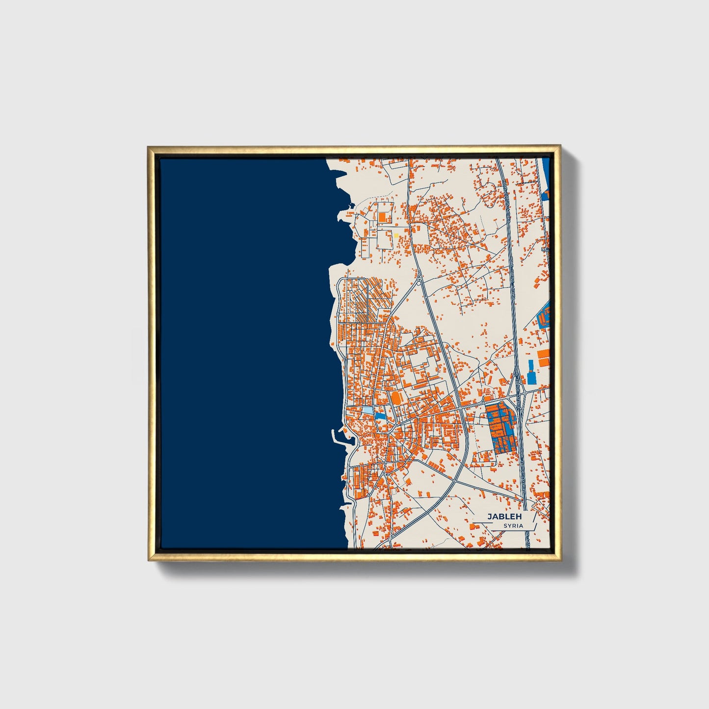 Jableh Syria Colorful City Map Canvas Print • Gold Framed