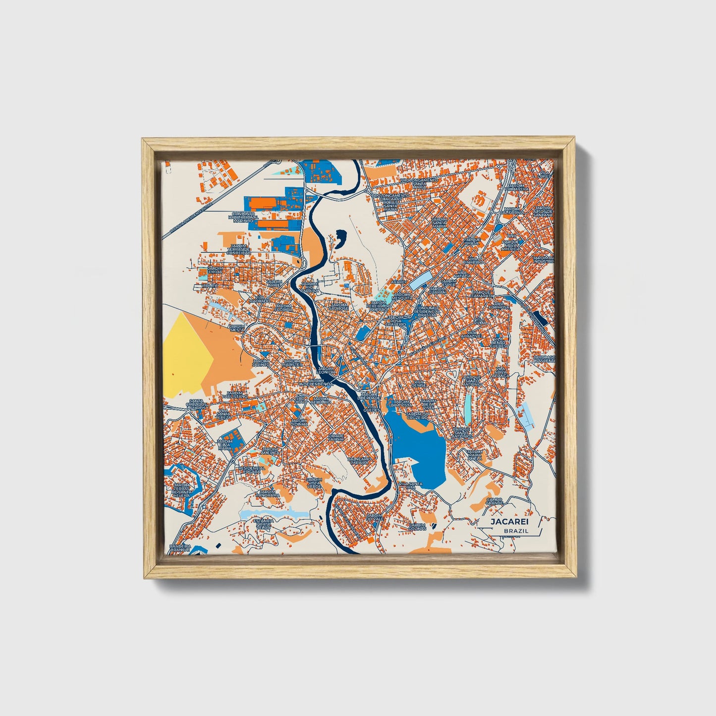 Jacarei Brazil Colorful City Map Canvas Print • Natural Wooden Framed