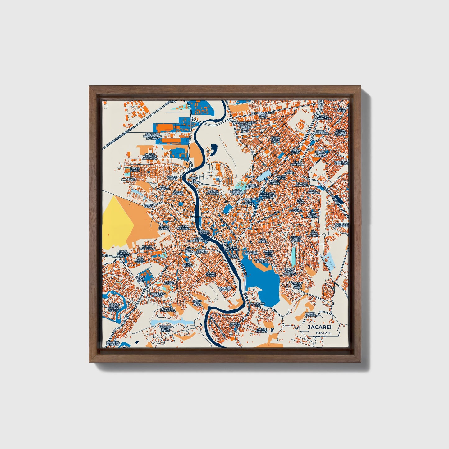 Jacarei Brazil Colorful City Map Canvas Print • Dark Wooden Framed