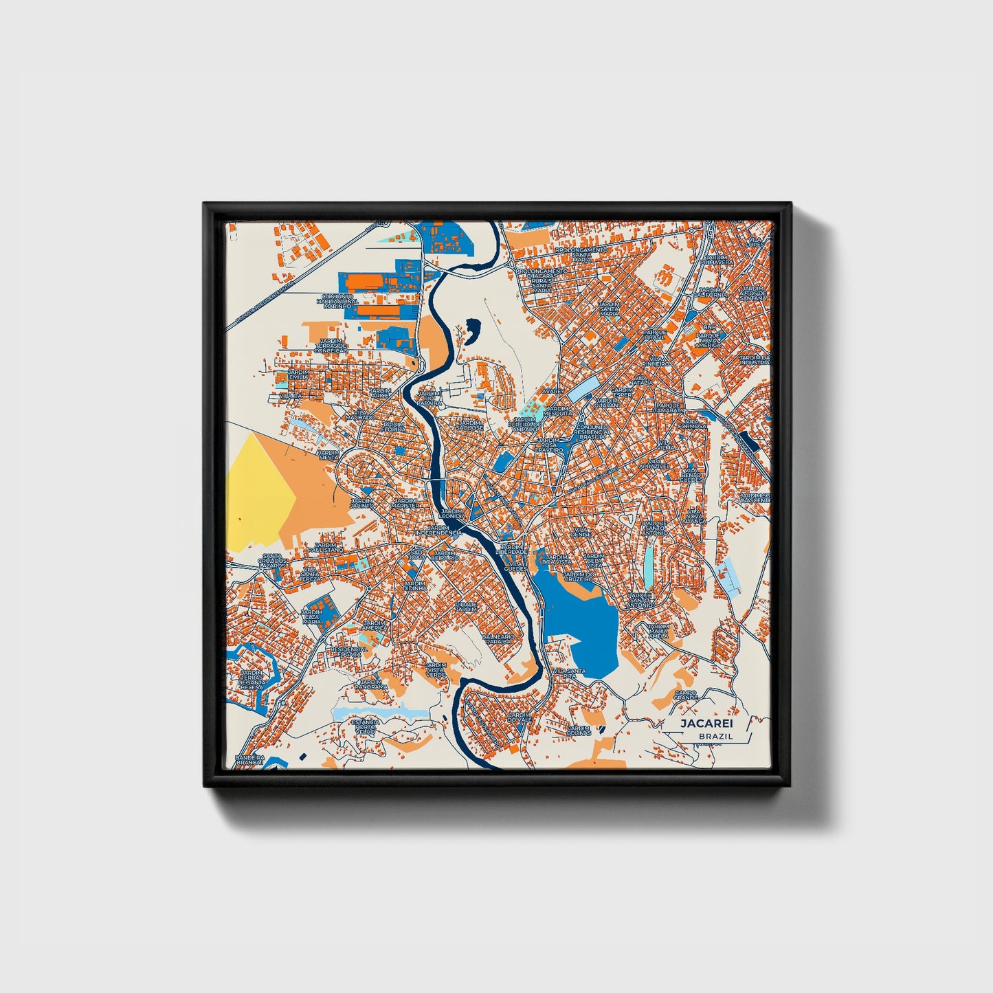 Jacarei Brazil Colorful City Map Canvas Print • Black Framed