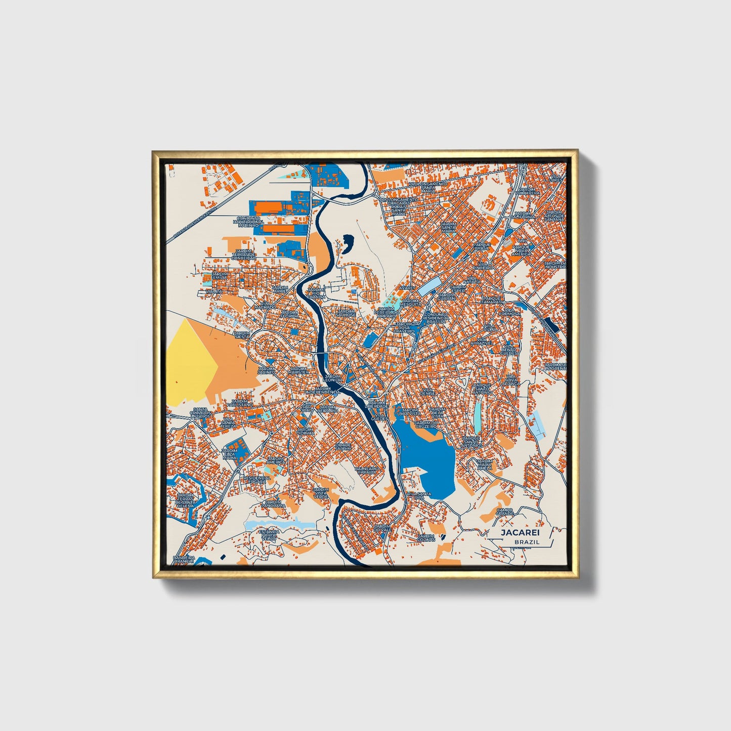 Jacarei Brazil Colorful City Map Canvas Print • Gold Framed