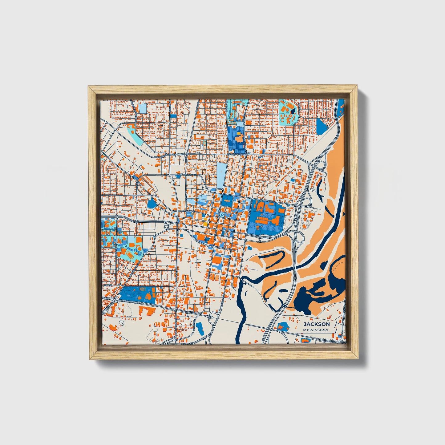 Jackson Mississippi Colorful City Map Canvas Print • Natural Wooden Framed