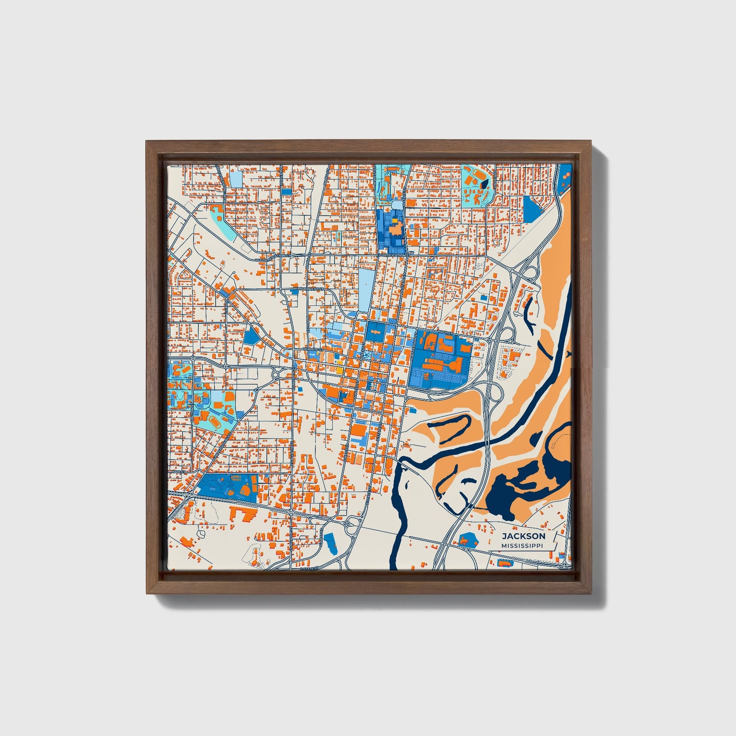Jackson Mississippi Colorful City Map Canvas Print • Dark Wooden Framed